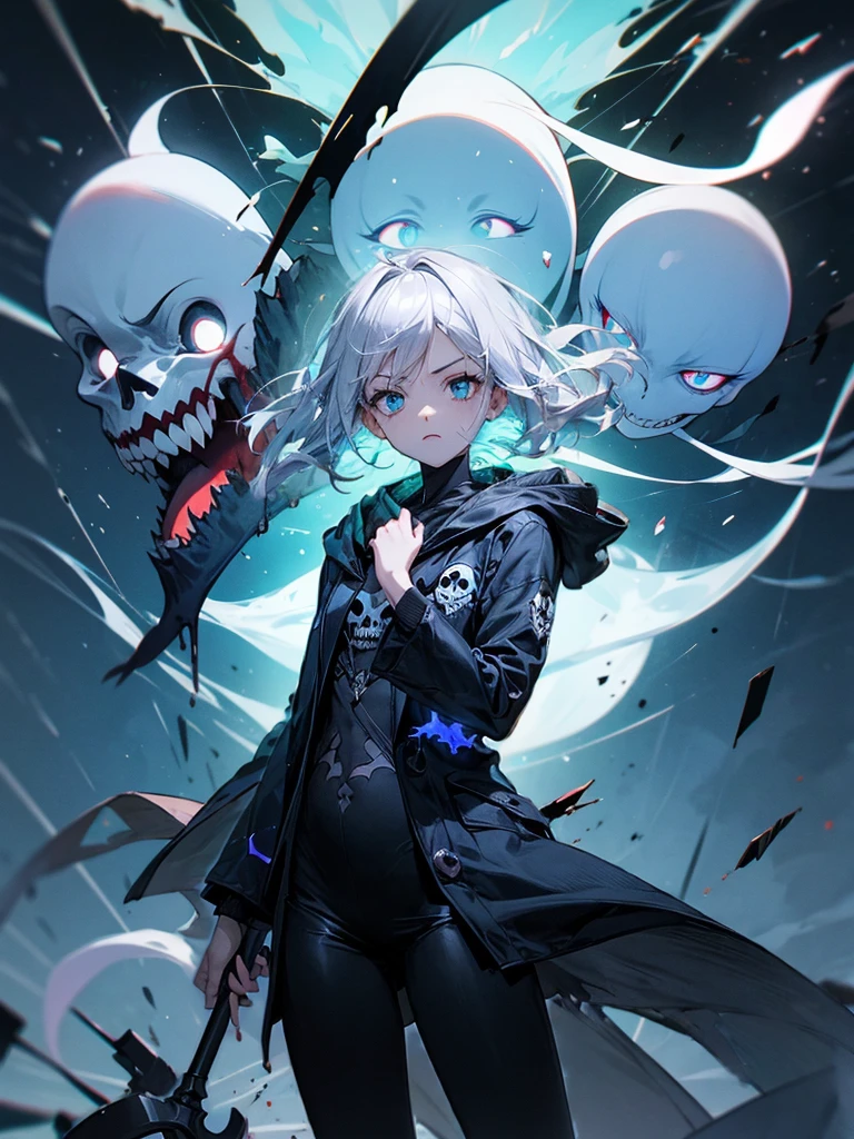 hyper-super-ultra-detailed perfect thing, Illustration, scary face, ((Интимный темно-blue туманный фон), (hair), ((One)), (Best quality), (Grim Reaper Girl), black tights, , Visible through the hair, (Wearing a Grim Reaper costume), (hood), Scalp, (Transparent white hair), Наконечник blue, Skull Eyes, (Ideal Anatomy), (Ghost Monsters), blood, Masterpiece,Crazy nothingness, A sense of humor \(Topic\),r1ge, luminous, aura, energy, ray, flying debris, [wicked], floating hair,blue: (blue Topics:1.2)
