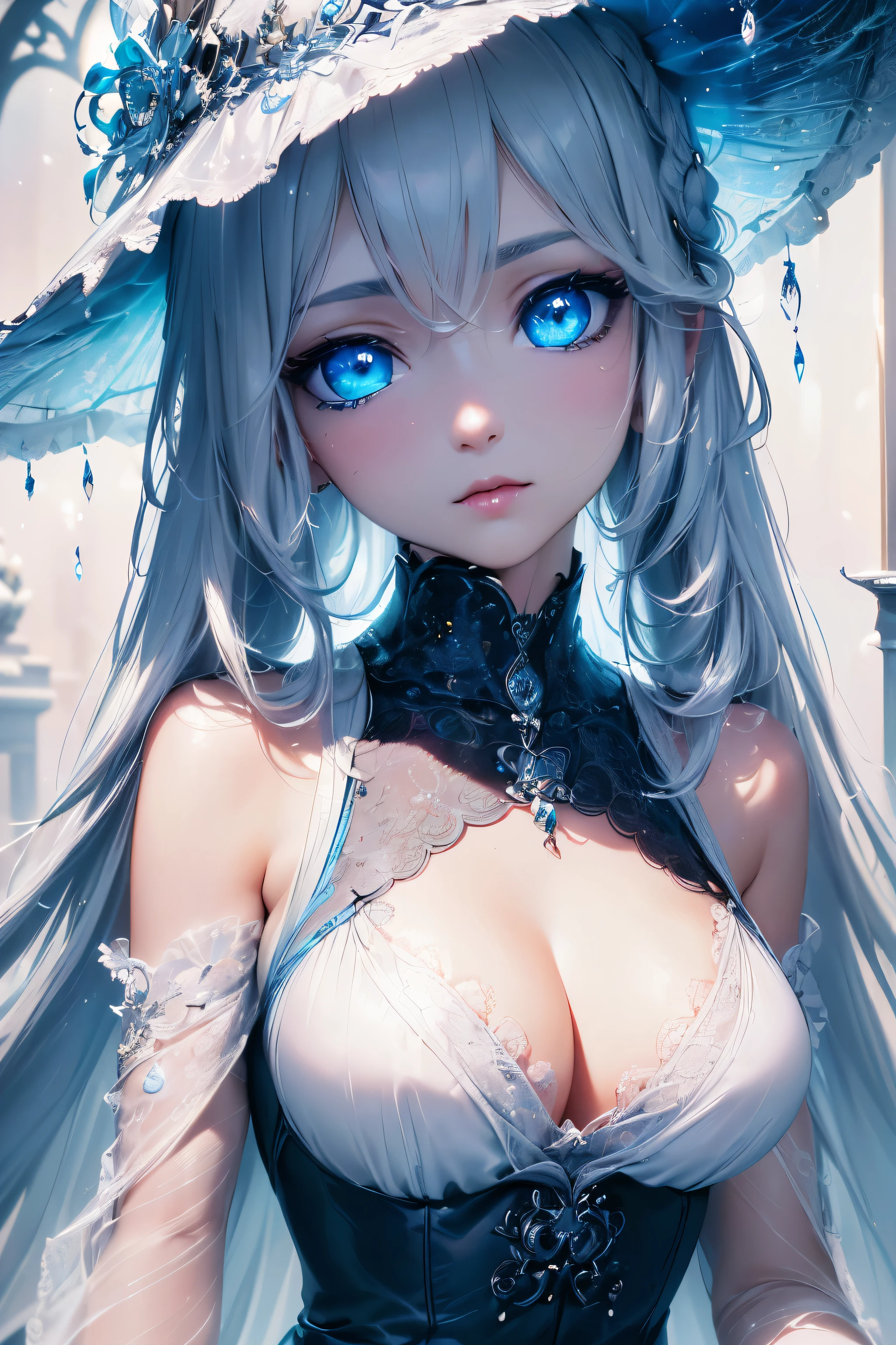 4K quality:1.2,1 girl,sense of depth,confused,catch light,Super beautiful illustration,((white,long hairstyles:1.3)),dark dark eyeshadow,(((4k,super beautiful,In detail,blue eyes))),bright red lipstick,Gothic ta,;D,beautiful and delicate hair