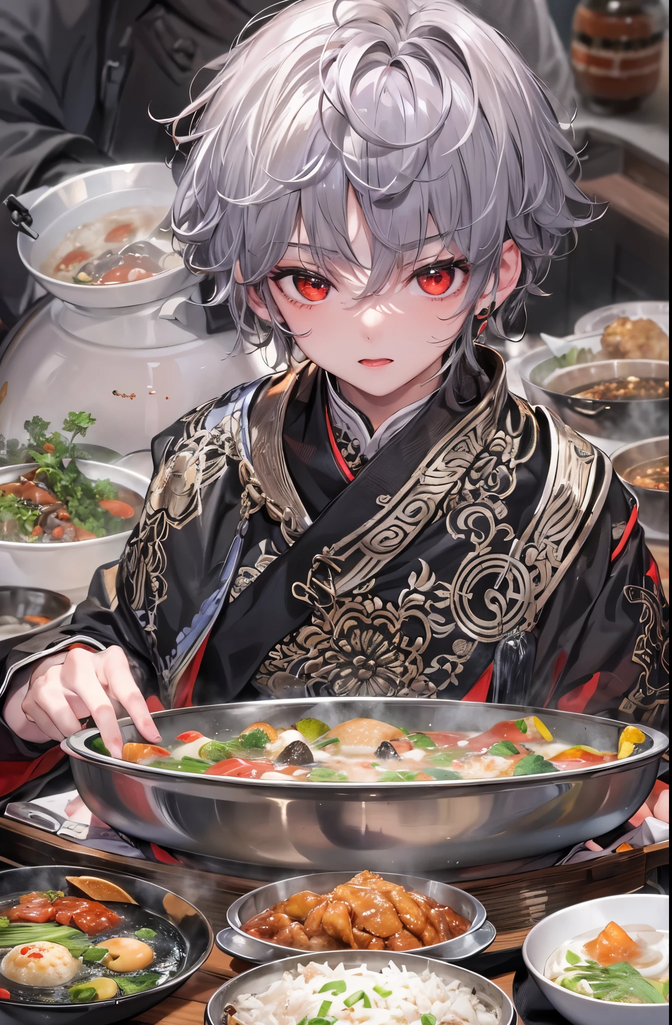 (solo silver short hair divine boy, 15 yo, detailed red eyes, serious face), there is a black bowl with food in it on a table, closeup at the food, korean supper, yummy, rice, very tasty, salmon khoshroo, daopao, eeri, aokamei, cooked, yum, food blog photo, wok, very ornate, by Simon Gaon, dish, very very happy!, by Adam Manyoki, break, perfect anatomy, masterpiece:1.2, best quality, 8k, beautiful detailed grow, daydreaming expression.