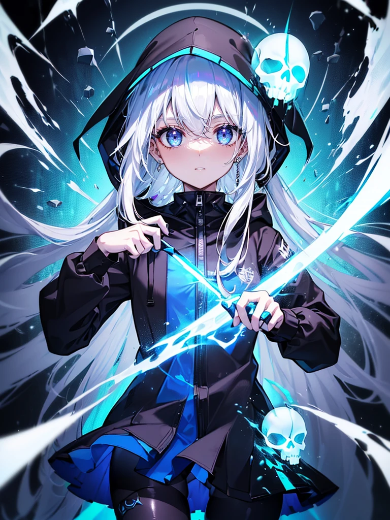 hyper-super-ultra-detailed perfect thing, Illustration, scary face, ((Интимный темно-blue туманный фон), (hair), ((One)), (Best quality), (Grim Reaper Girl), black tights, , Visible through the hair, (Wearing a Grim Reaper costume), (hood), Scalp, (Transparent white hair), Наконечник blue, Skull Eyes, (Ideal Anatomy), (Ghost Monsters), blood, Masterpiece,Crazy nothingness, A sense of humor \(Topic\),r1ge, luminous, aura, energy, ray, flying debris, [wicked], floating hair,blue: (blue Topics:1.2)