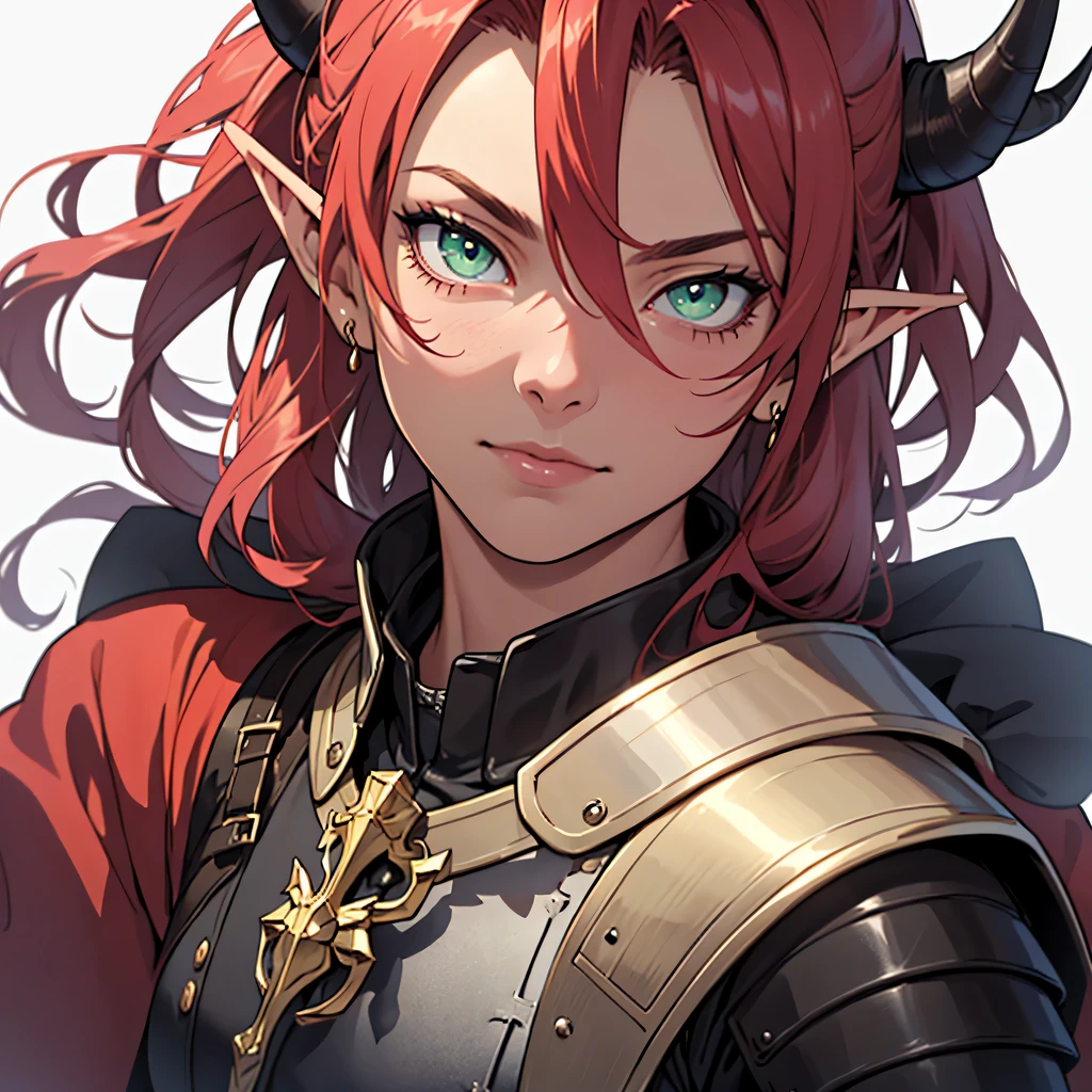 medieval anime art, masterpiece, best quality, by professional artist, female, 1 girl, solo, upper body portrait, detailed composition, detailed eyes, (((white background))), maroon hair, glowing green eyes, horns, (((wearing black armor))), elf ears, small