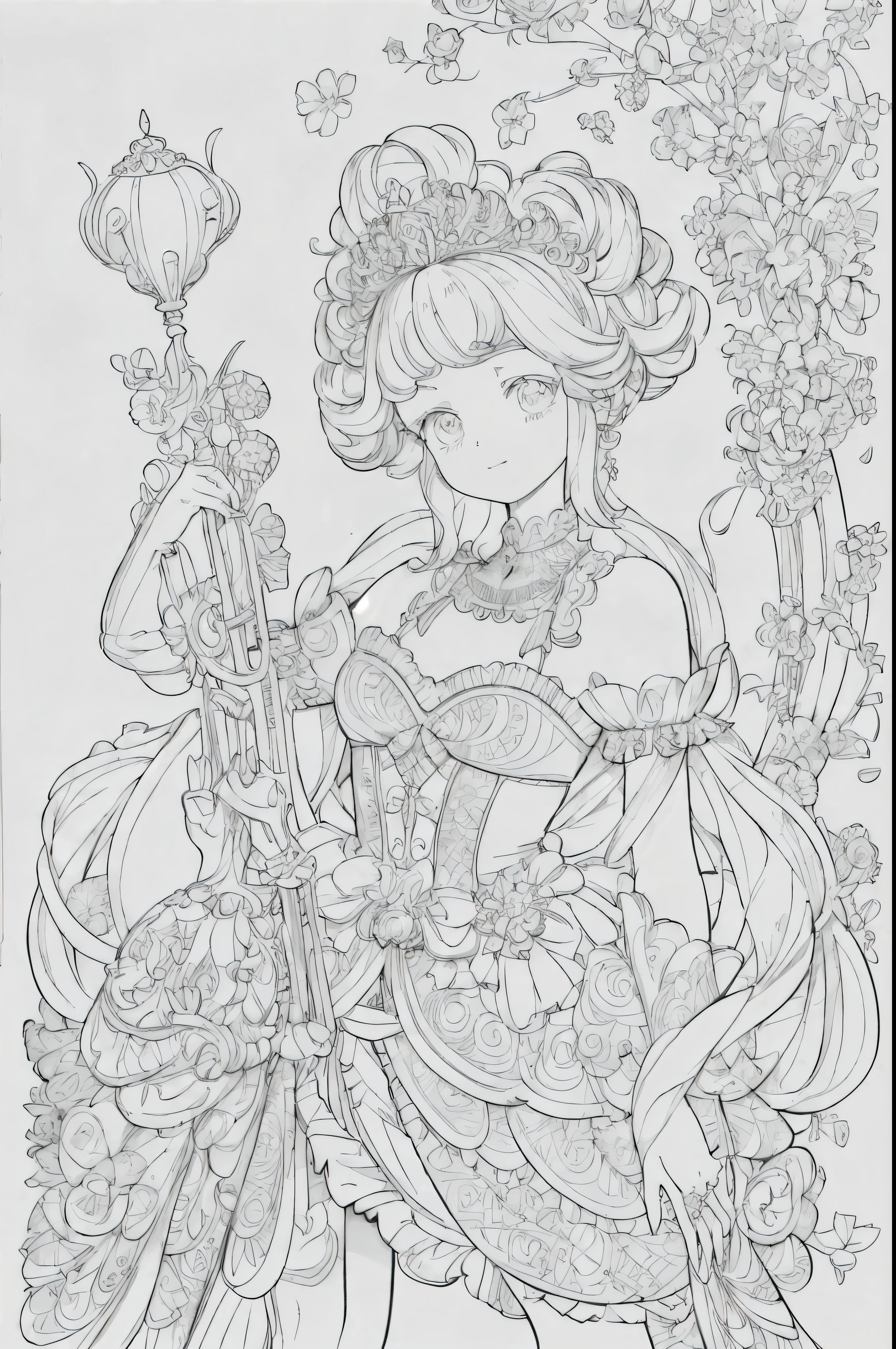 (Princesa egipisia etnia Africana) This masterpiece of art depicts an incredibly cute little princess with an Egyptian afro hairstyle.... This beautiful work of art shows the best quality of linear and monochrome style.., Against a pristine white background. The intricate details and perfect anatomy of the princess are evident in the detailed artistic lines... La escena es simple pero cautivadora., with delicate flowers adorning the full page illustration. The style is reminiscent of a .'libro para colorear., with free lines provided for the audience to add their own imagination and creativity to the artwork. The image is beautifully rendered in 2D cartoon style.., making it an exquisite