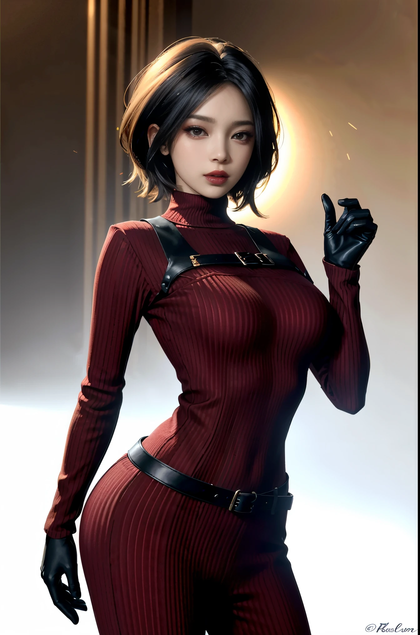 (masterpiece, best quality)
AdaWongRE,  1girl, solo, breasts, looking at viewer, short hair, large breasts, black hair, gloves, brown eyes, multicolored hair, belt, two-tone hair, sweater, lips, bodysuit, makeup, lipstick, ribbed sweater, realistic
