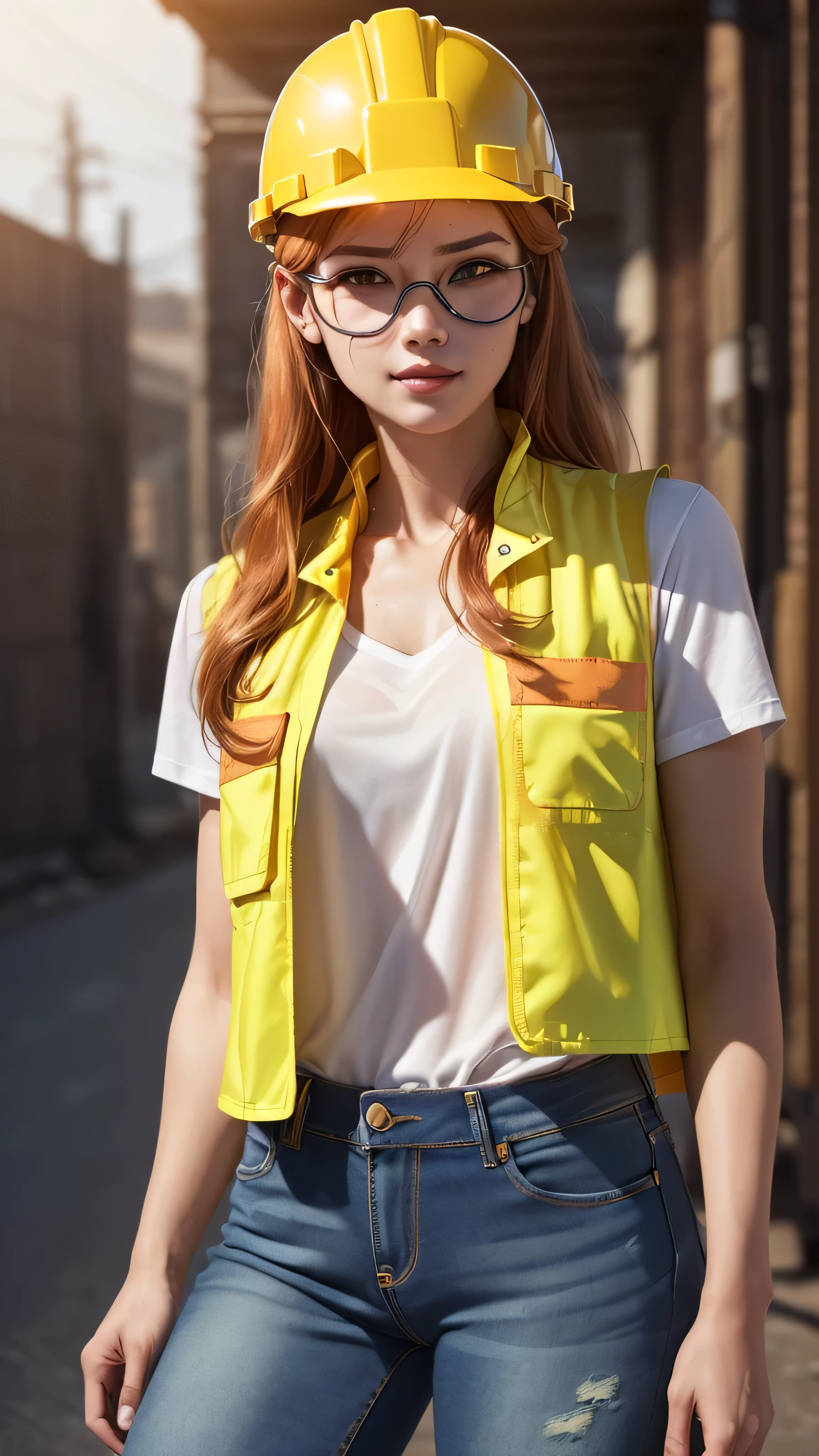 ((best quality: 1.5)) ((masterpiece: 0.8)), intricate details, sharp focus, professional, real life, realistic representation of the face, dim volumetric lighting, dynamic pose, in the style of realistic and hyper detailed renderings BREAK ((((detailed woman, natural, factory, hard hat, denim jeans, (yellow safety vest), open, pulled back, playful, smirking, athletic, goggles), golden hour, ((long hair, [ginger:blonde hair:0.8]), [flat chest:medium :0.8]))), freckles: 1.0), photorealistic, hyper-realistic, 8K