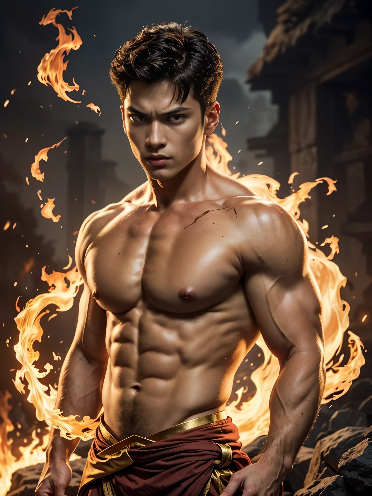 Photorealistic, handsome male model, masculine Asian mix guy, mixed race, (angry:1.3), (young, 18 years old:1.9), ((best quality)), ((masterpiece)), (detailed), (barechested:1.4) Create an illustrated portrait of young Prince Zuko from "Avatar: The Last Airbender". Illustrate him with a strong square jawline, gaunt cheeks, and skinny face, shirtless, with attention to detail on his (red burn scar on his eye:1.2), (golden yellow eyes:1.4), he is a pyromancer, fire bender, with, messy hair, (messy fringe:1.5), and a toned, muscular physique that reflects his training and determination. Capture his expression, reflecting his internal conflict and growth throughout the series. The background should be dark and incorporate bending fire. Utilize dark colors and bold
