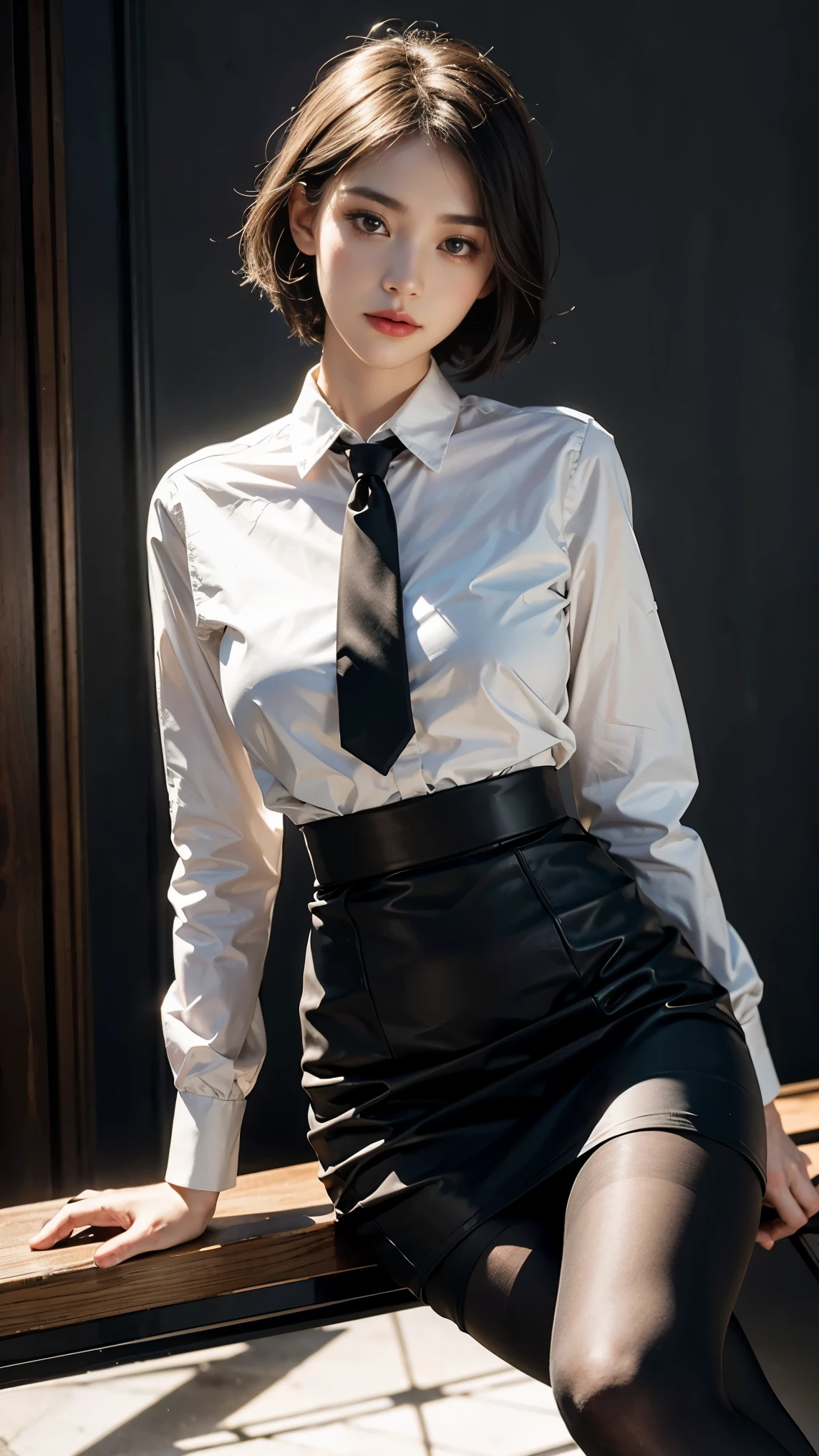1girl,young girl, shiny skin,big breasts,nice leg line:1.3, thin waist,school uniform, thighhighs,necktie,((pencil skirt)),looking at viewer,from below,full body, ( pantyhose:1.3),(The golden ratio figure),
masterpiece, best quality, best perspective, ultra-detailed and intricate, extremely delicate and beautiful, best quality light, (ray tracing:1.1), anti-aliasing,
realistic,photorealistic,award-winning illustration,(intricate details:1.2),(delicate detailed) (intricate details),(cinematic light,best quality Backlights),clear line,sharp focus,official art,unity 8k wallpaper,absurdres,incredibly absurdres,huge filesize,ultra-detailed,highres,extremely detailed extremely delicate and beautiful,RAW photo, professional lighting,dynamic lighting,light on the face,depthoffield,solofocus,cool beauty,tall woman,black hair,short cut hair,Precisely expresses details such as face and skin texture,beautiful eye,double eyelid,delicate skin,slender body shape,alone,