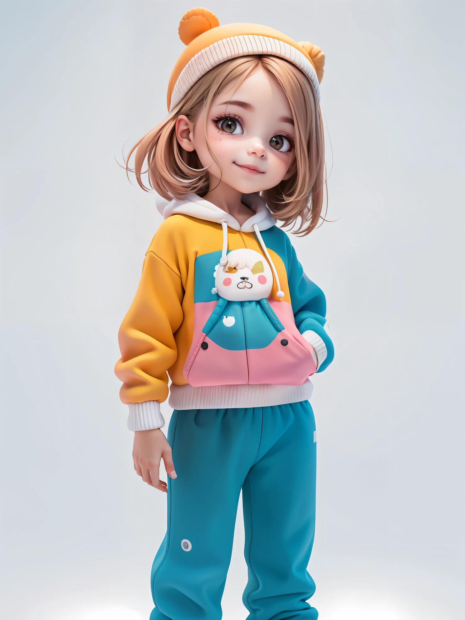 (Meisterwerk), (Better quality), (ultradetailliert), (Full body: 1.2) beautiful and sweet , Haube, buntes Sweatshirt, Gestrickte Overalls, Hose, Jacke, Bluse, clear smile, Full body, :3, pastellfarbener Hintergrund , bunt und einfach.