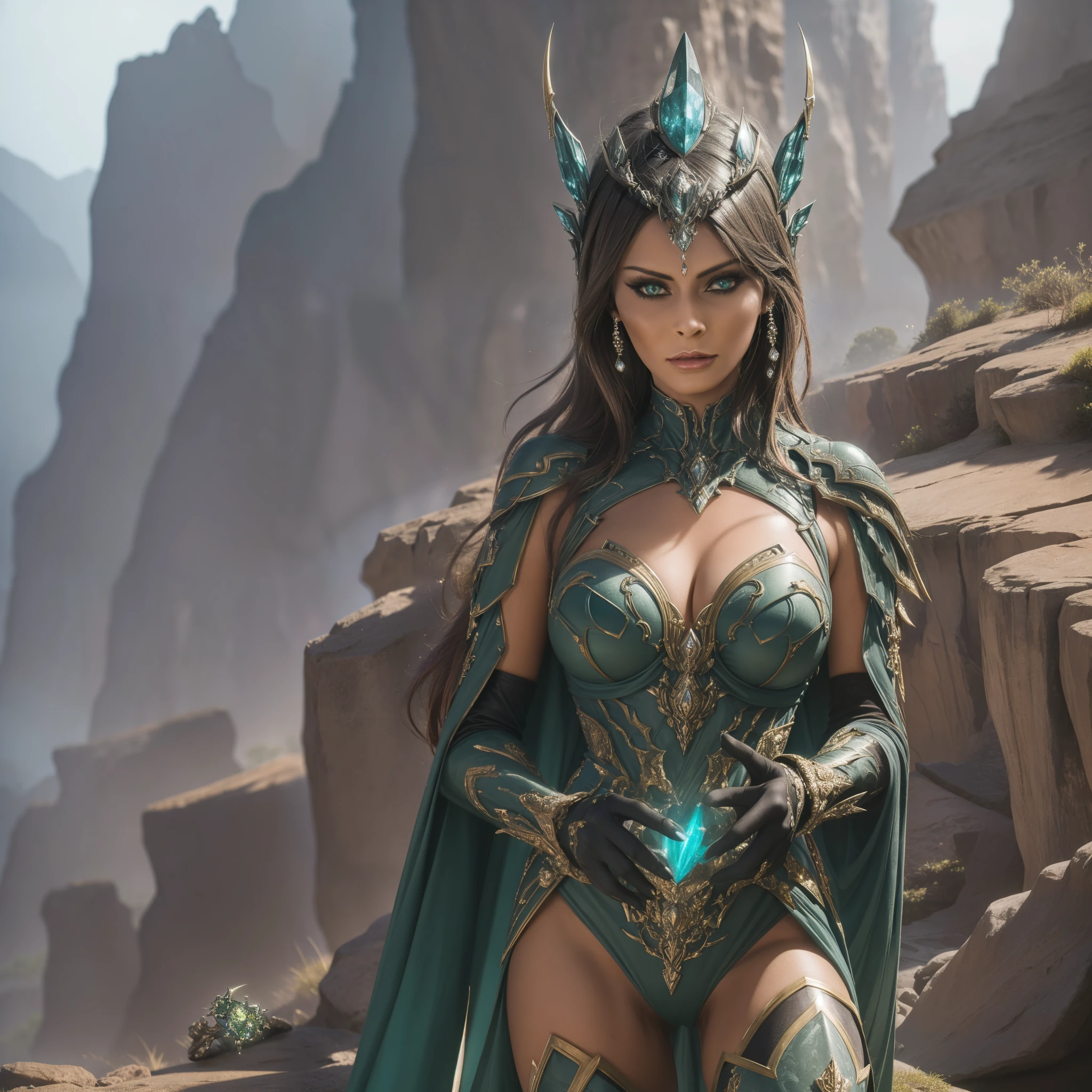 (ultra-detailed,highres,best quality:1.2), sinister Villainess Armored with alien powers and rock-based abilities, elegant Alien Princess adorned in Asymmetrical Stylized Armor in shades of Green and Brown with intricate rock-inspired design, vibrant earth tones, majestic presence, imposing aura, glowing gemstone accents, laser-sharp eyes, ethereal beauty, powerful stance, mystical energy emanating from her hands, flowing cape billowing in the wind, surreal landscape with towering rock formations, lush vegetation, mystical fog, alien artifacts, contrasting light and shadow, atmospheric lighting, otherworldly ambiance