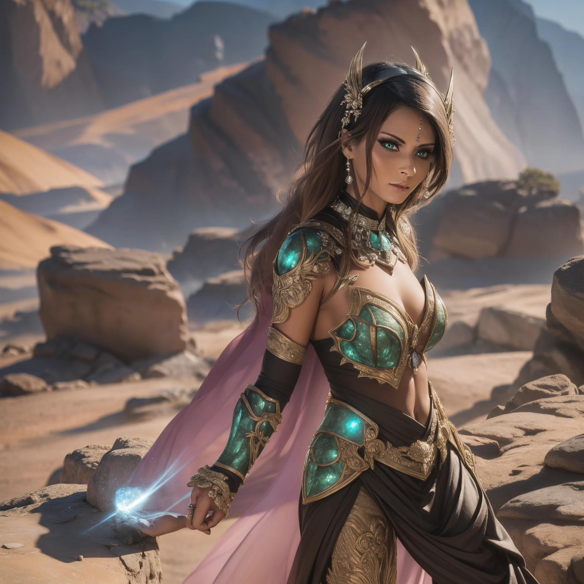 (ultra-detailed,highres,best quality:1.2), sinister Villainess Armored with alien powers and rock-based abilities, elegant Alien Princess adorned in Asymmetrical Stylized Armor in shades of Green and Brown with intricate rock-inspired design, vibrant earth tones, majestic presence, imposing aura, glowing gemstone accents, laser-sharp eyes, ethereal beauty, powerful stance, mystical energy emanating from her hands, flowing cape billowing in the wind, surreal landscape with towering rock formations, lush vegetation, mystical fog, alien artifacts, contrasting light and shadow, atmospheric lighting, otherworldly ambiance