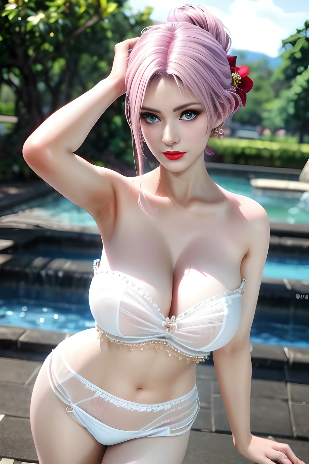 1 girl,Alice,(pajamas),(White strapless dress:1.4),Outdoor activities, (standing posture),grace,(((red lips))), Lips slightly open, clavicle,Lactation,(huge breasts:1.3),skin shiny,((8k, original photo, top quality, masterpiece), HD RAW color photos professional close-up photos, (actual, photorealism: 1.37), (best quality),8k,Fabric luster,alone,