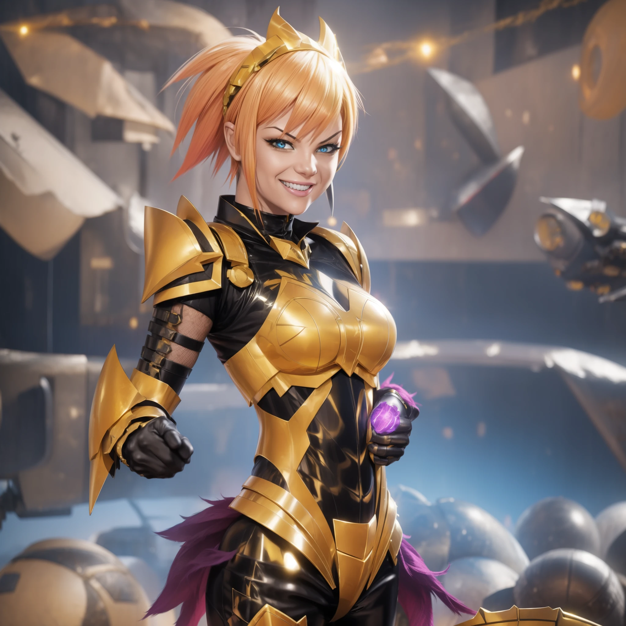 Armored Armalien princess with short, vibrant yellow hair and electrifying powers resides in an uncharted galaxy. Her asymmetrical, stylized golden armor, adorned with electric design elements, shines brightly, reflecting her villainous personality. Her seductive smile and a provocative laugh accentuate her allure, contrasting the intimidating aura of her armor.