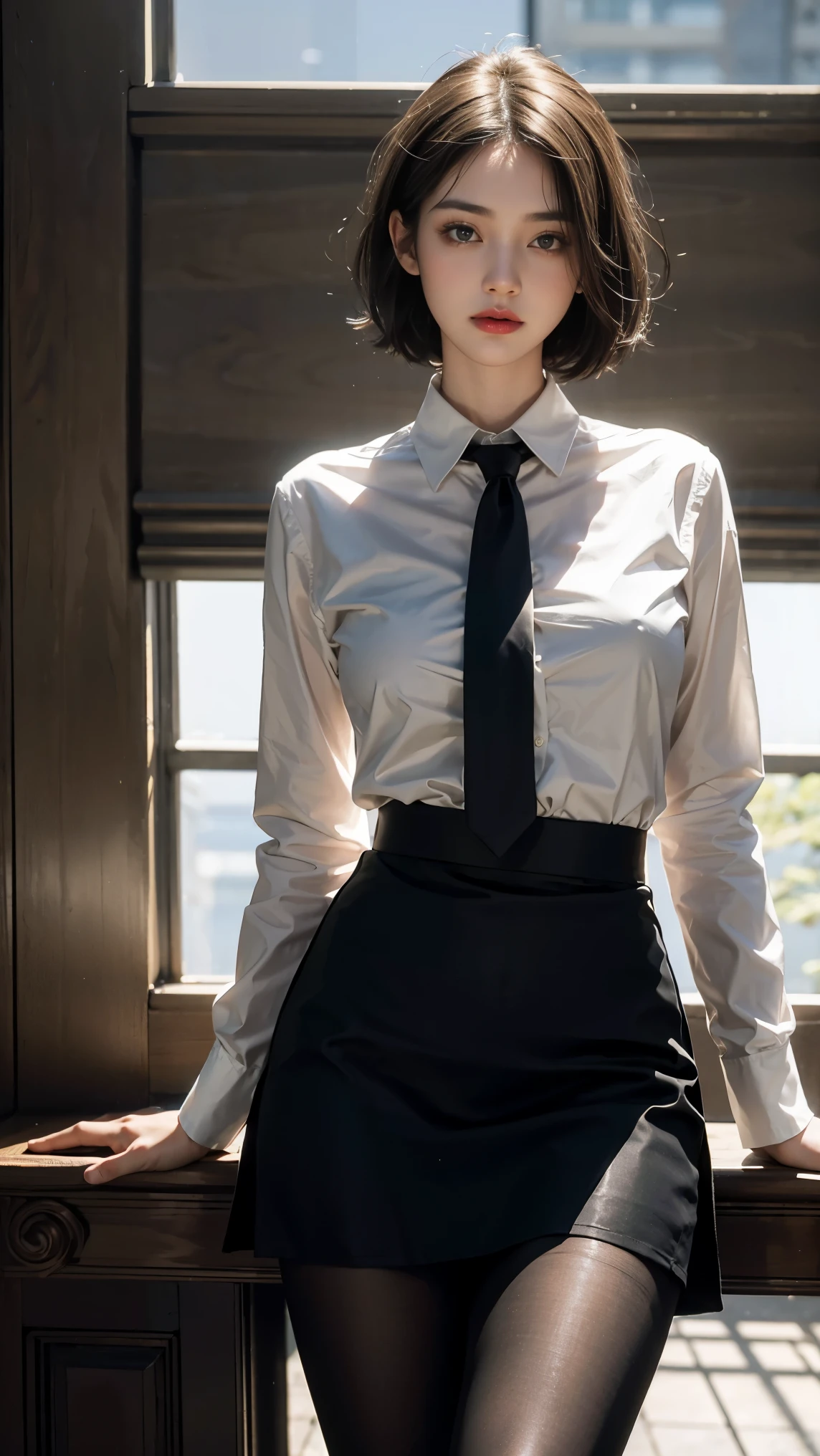 1girl,young girl, shiny skin,big breasts,nice leg line:1.3, thin waist,school uniform, thighhighs,necktie,((pencil skirt)),looking at viewer,from below,full body, ( pantyhose:1.3),(The golden ratio figure),
masterpiece, best quality, best perspective, ultra-detailed and intricate, extremely delicate and beautiful, best quality light, (ray tracing:1.1), anti-aliasing,
realistic,photorealistic,award-winning illustration,(intricate details:1.2),(delicate detailed) (intricate details),(cinematic light,best quality Backlights),clear line,sharp focus,official art,unity 8k wallpaper,absurdres,incredibly absurdres,huge filesize,ultra-detailed,highres,extremely detailed extremely delicate and beautiful,RAW photo, professional lighting,dynamic lighting,light on the face,depthoffield,solofocus,cool beauty,tall woman,black hair,short cut hair,Precisely expresses details such as face and skin texture,beautiful eye,double eyelid,delicate skin,slender body shape,alone,