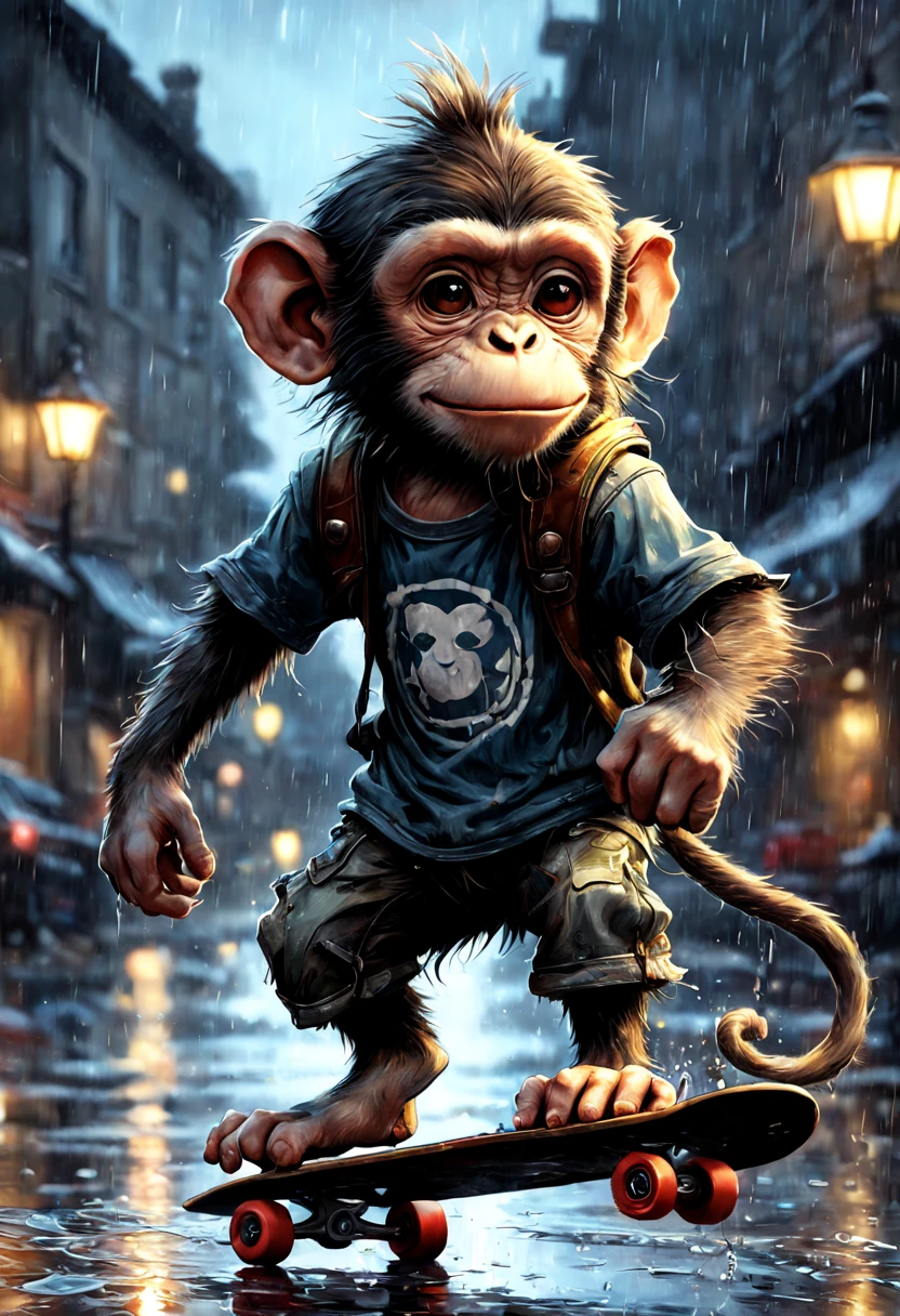 cartoon monkey skateboarding through a rainy urban environment,digital art, 8K, HDR, RGB, Ultra HD, close-up, shadow creature portrait, Vector t-shirt art,  with water splashes and added challenge, under wet street lights, unreal engine 5, extremely detailed., stylized drawing by Greg Rutkowski, Giovanni Boldini, Gabriele Dell'otto,
style of Jean Baptiste Monge, Thomas Kinkade, David Palumbo, Carne Griffiths.