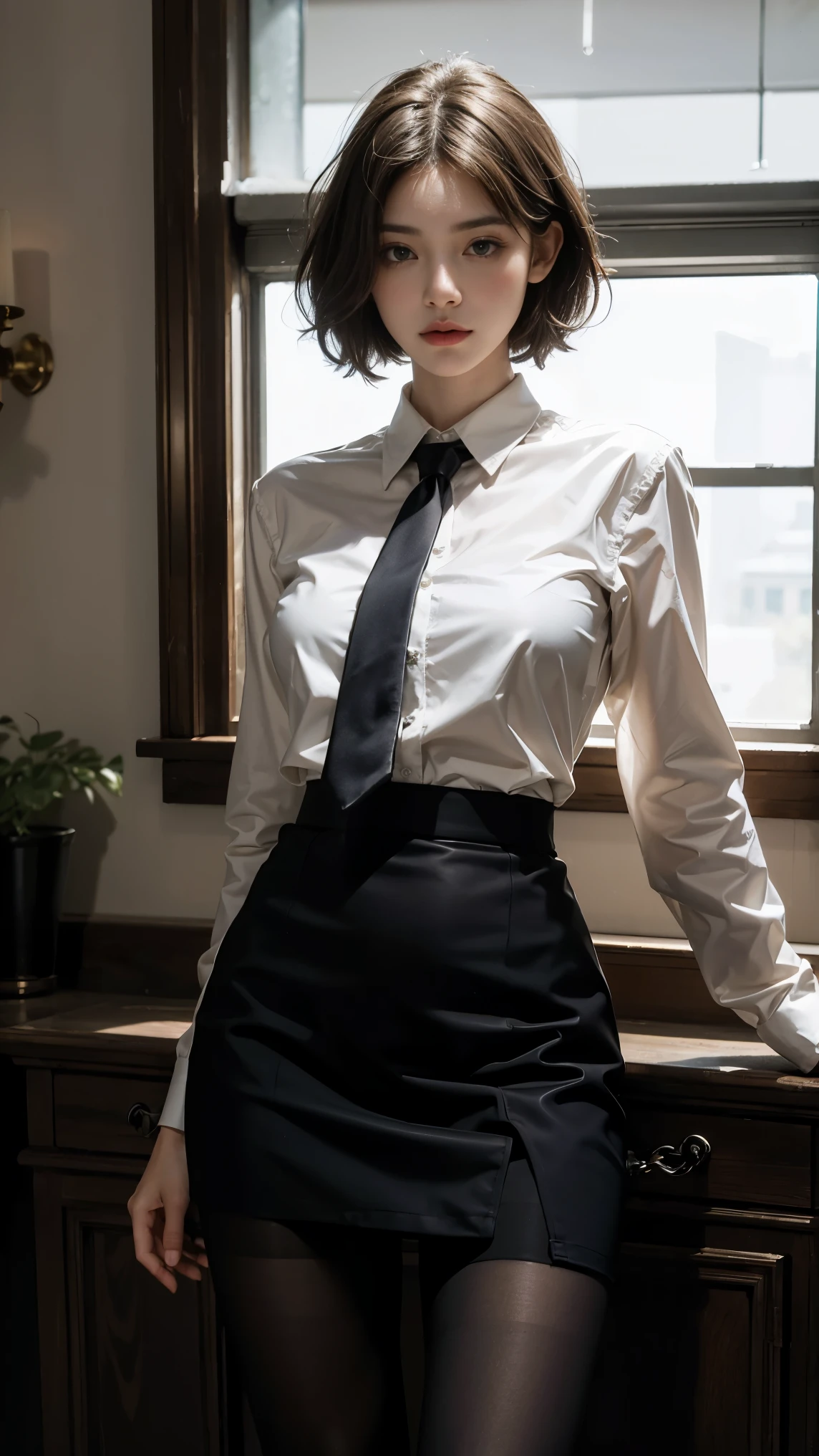 1girl,young girl, shiny skin,big breasts,nice leg line:1.3, thin waist,school uniform, thighhighs,necktie,((pencil skirt)),looking at viewer,from below,full body, ( pantyhose:1.3),(The golden ratio figure),
masterpiece, best quality, best perspective, ultra-detailed and intricate, extremely delicate and beautiful, best quality light, (ray tracing:1.1), anti-aliasing,
realistic,photorealistic,award-winning illustration,(intricate details:1.2),(delicate detailed) (intricate details),(cinematic light,best quality Backlights),clear line,sharp focus,official art,unity 8k wallpaper,absurdres,incredibly absurdres,huge filesize,ultra-detailed,highres,extremely detailed extremely delicate and beautiful,RAW photo, professional lighting,dynamic lighting,light on the face,depthoffield,solofocus,cool beauty,tall woman,black hair,short cut hair,Precisely expresses details such as face and skin texture,beautiful eye,double eyelid,delicate skin,slender body shape,alone,