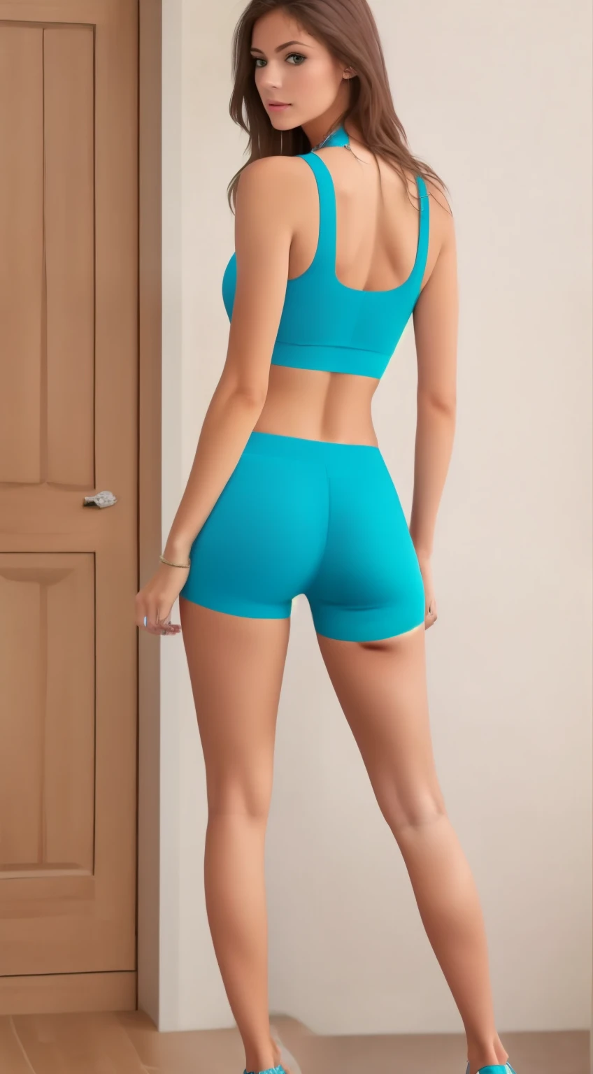 Slim woman. From behind. Slim butt. (Grey sport_shorts). (Short seam inside  butt), (butt divided), (narrow round bottom). (Perfect tight butt). slim long legs, tall and slim,  (walking in the street of london)