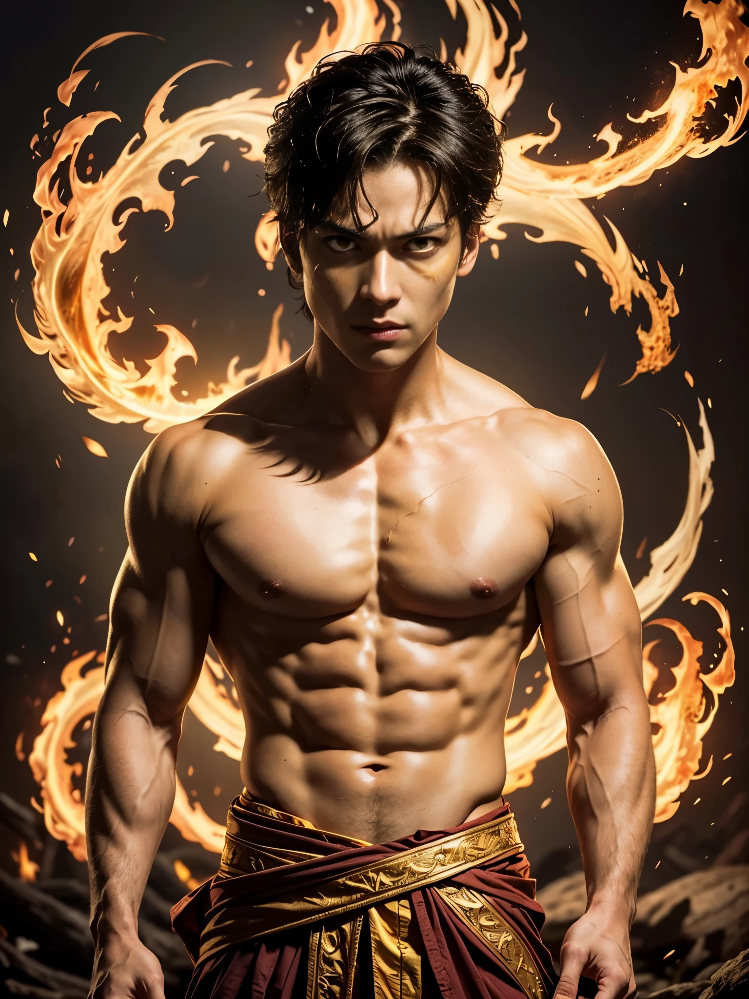 Photorealistic, handsome male model, masculine Asian mix guy, mixed race, (angry:1.3), (young, 18 years old:1.9), ((best quality)), ((masterpiece)), (detailed), (barechested:1.4) Create an illustrated portrait of young Prince Zuko from "Avatar: The Last Airbender". Illustrate him with a strong square jawline, gaunt cheeks, and skinny face, shirtless, with attention to detail on his (red burn scar on his eye:1.2), (golden yellow eyes:1.6), he is a pyromancer, fire bender, with, messy hair, (messy fringe:1.5), and a toned, muscular physique that reflects his training and determination. Capture his expression, reflecting his internal conflict and growth throughout the series. The background should be dark and incorporate bending fire. Utilize dark colors and bold