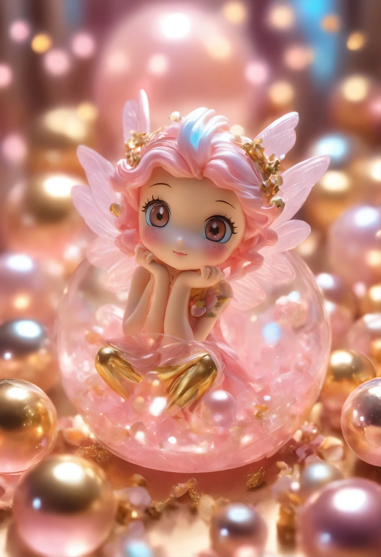 Kawaii, doll fairy, miniature, gold, Miniature Core, Miniature World, realistic, pink, Opalescent, ball crystal, intimate portrait composition, Leica 50mm, f1. 4,Highly Detailed,(Low Contrast:1.3)