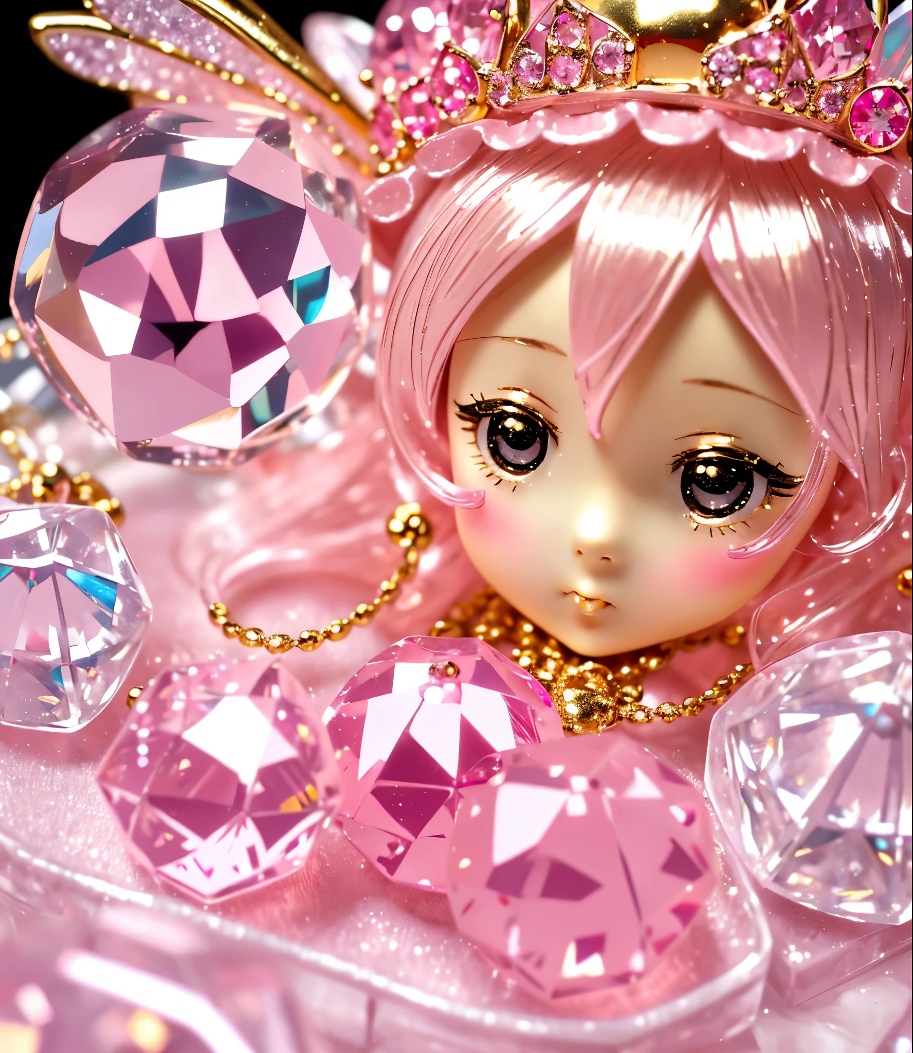 Kawaii, doll fairy, miniature, gold, Miniature Core, Miniature World, realistic, pink, Opalescent, ball crystal, intimate portrait composition, Leica 50mm, f1. 4,Highly Detailed,(Low Contrast:1.3)
