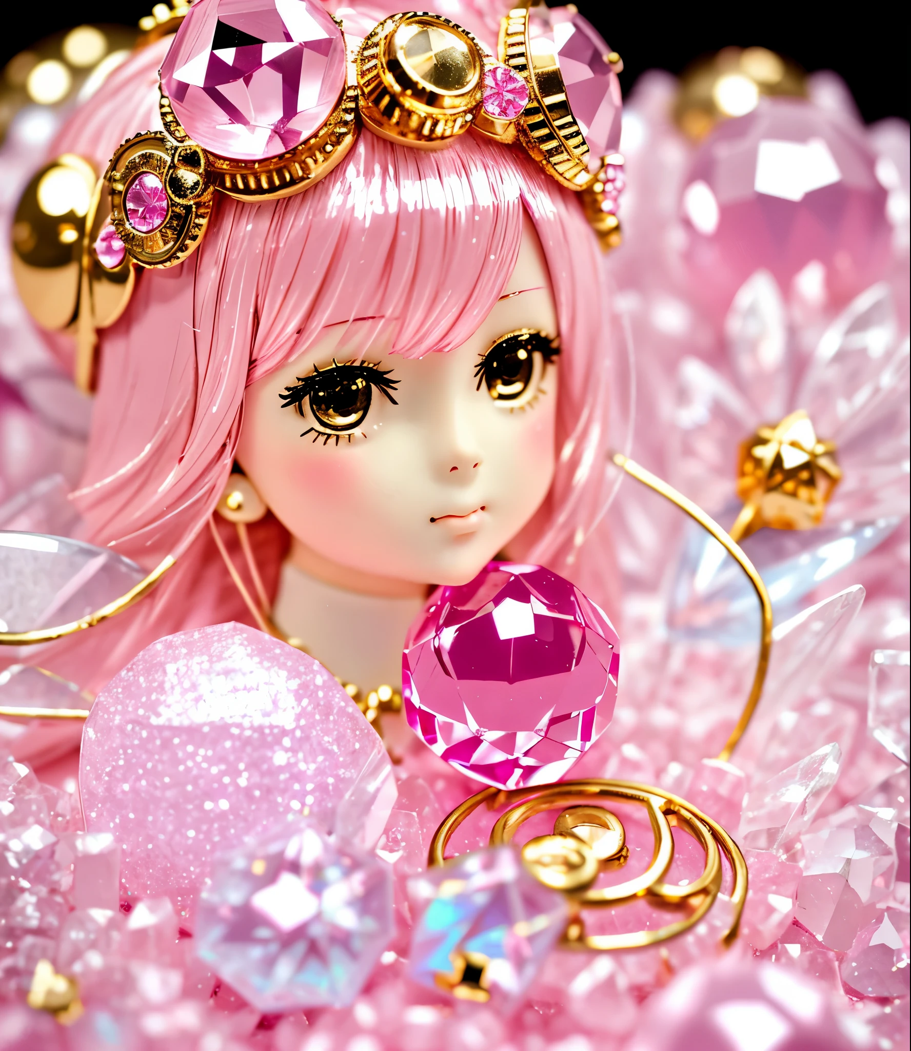 Kawaii, doll fairy, miniature, gold, Miniature Core, Miniature World, realistic, pink, Opalescent, ball crystal, intimate portrait composition, Leica 50mm, f1. 4,Highly Detailed,(Low Contrast:1.3)