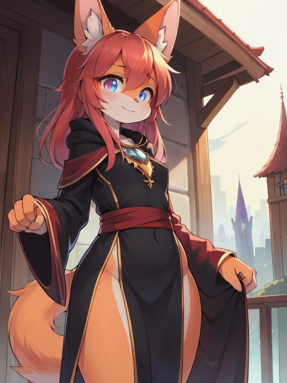 masterpiece, soft shading, 1girl, Furry, bunny ears, cat tail, anthropomorphic, female, orange fur, orange skin, grey belly, (heterochromia, (blue eyes, pink eyes)), red hair, wizard robes, fantasy city, uploaded on e621, standing