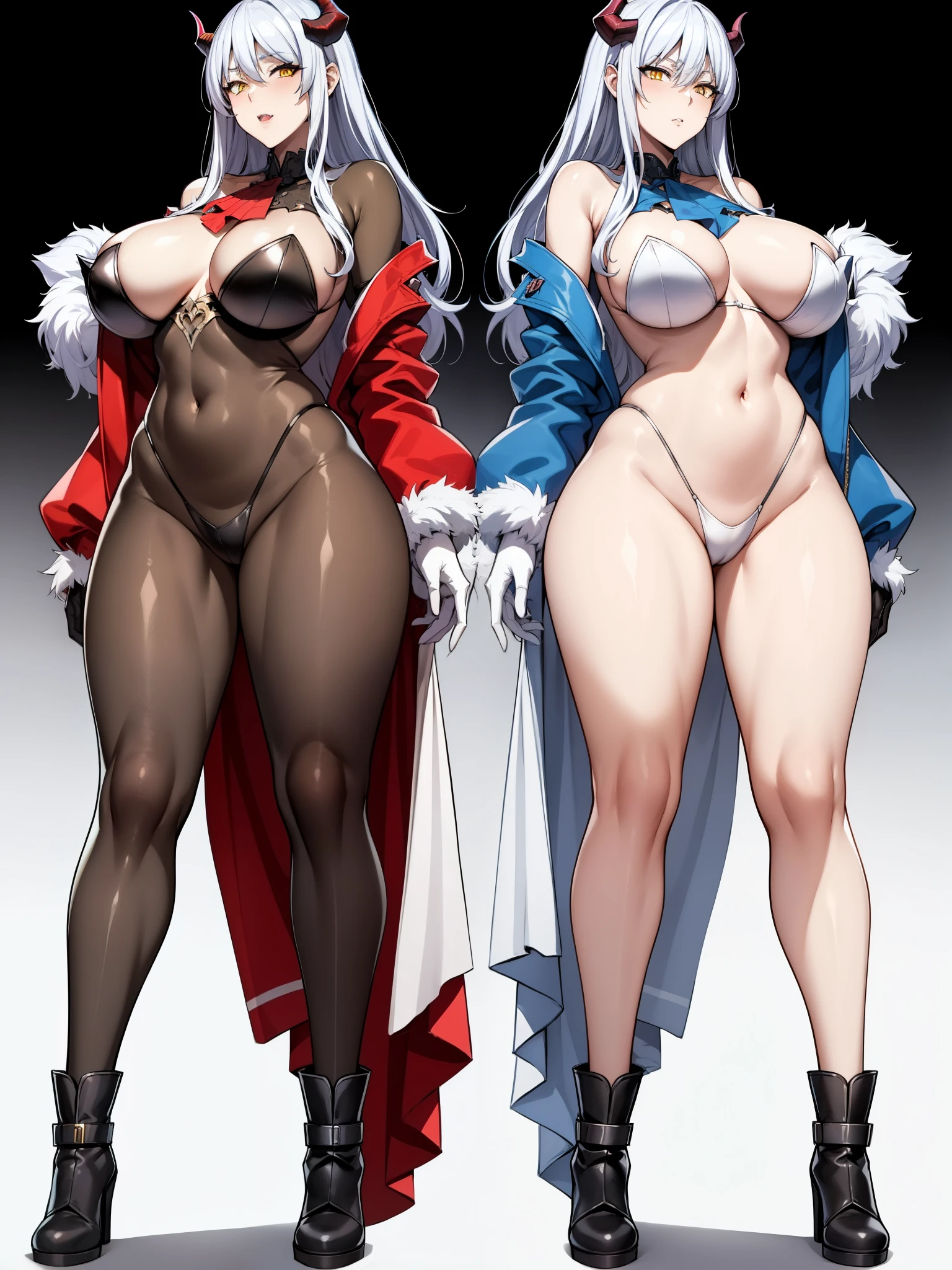 Demon woman, slim body, huge breasts, long legs, white hair, yellow eyes, horns, fangs, baggy clothes, high boots, gloves, 8k, hd, masterpiece, full body, white background, character sketch in various perspectives rear, front 3/4 profiles