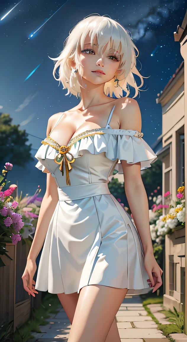 masterpiece， highest quality， 1 girl， off shoulder outfit，cleavage，sexy and excited，(white colored hair)，golden bob hair， stand on one&#39;my feet， flower garden， back of arm， night， starry sky， close her eyes， faint smile，bust photo，High resolution details，4k