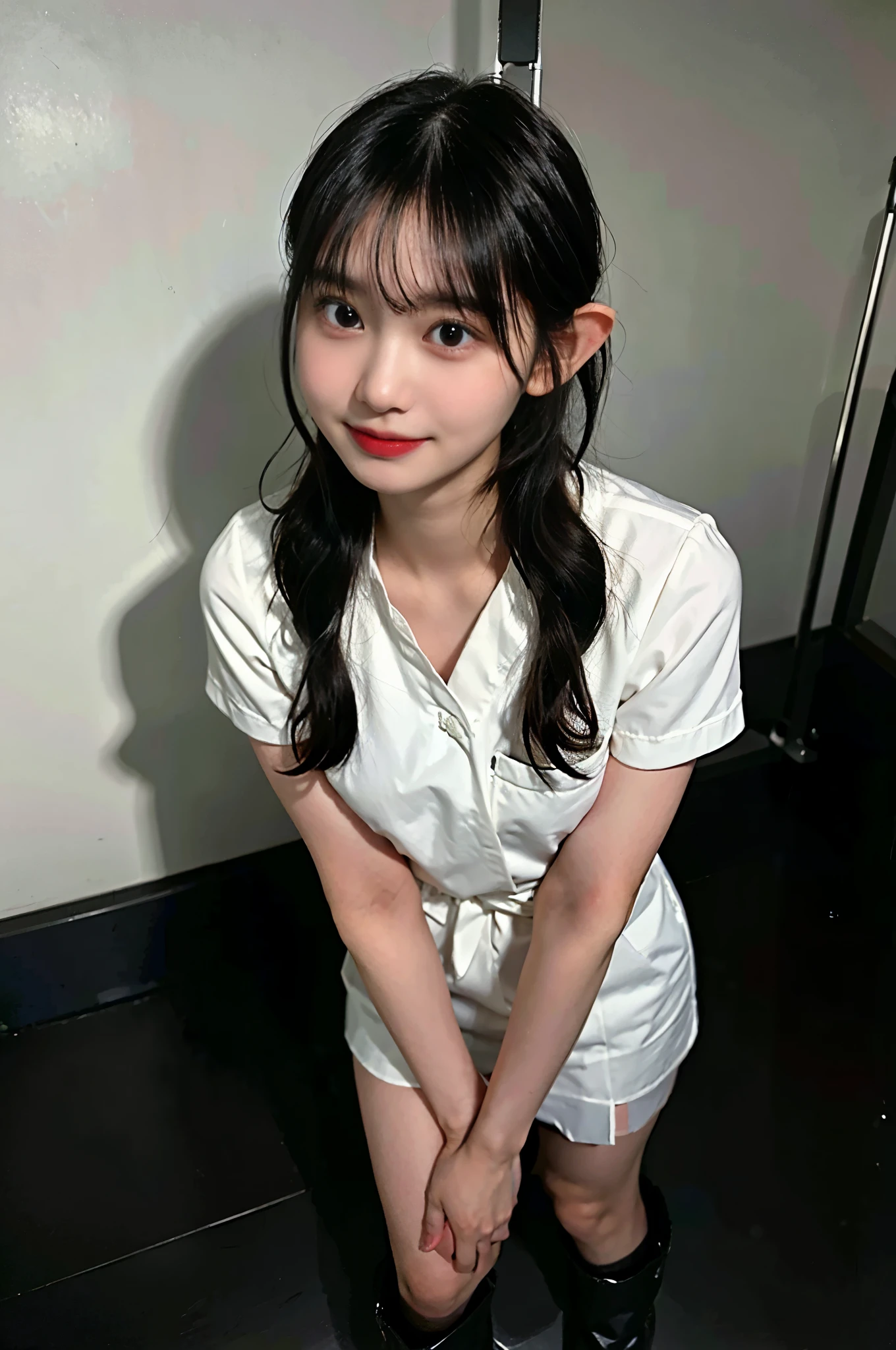 Medical scrub, stethoscope, Ward, shy smile, beautiful nurse, (Full body female love), (Wide-angle lens), (long black hair: 1.4), best quality, on the table, ultra high resolution, (lifelike:1.4), original photo, elf anatomy, Physically based rendering, depth of field, (Short curly hair: 1.6), alone, faint smile, view viewer