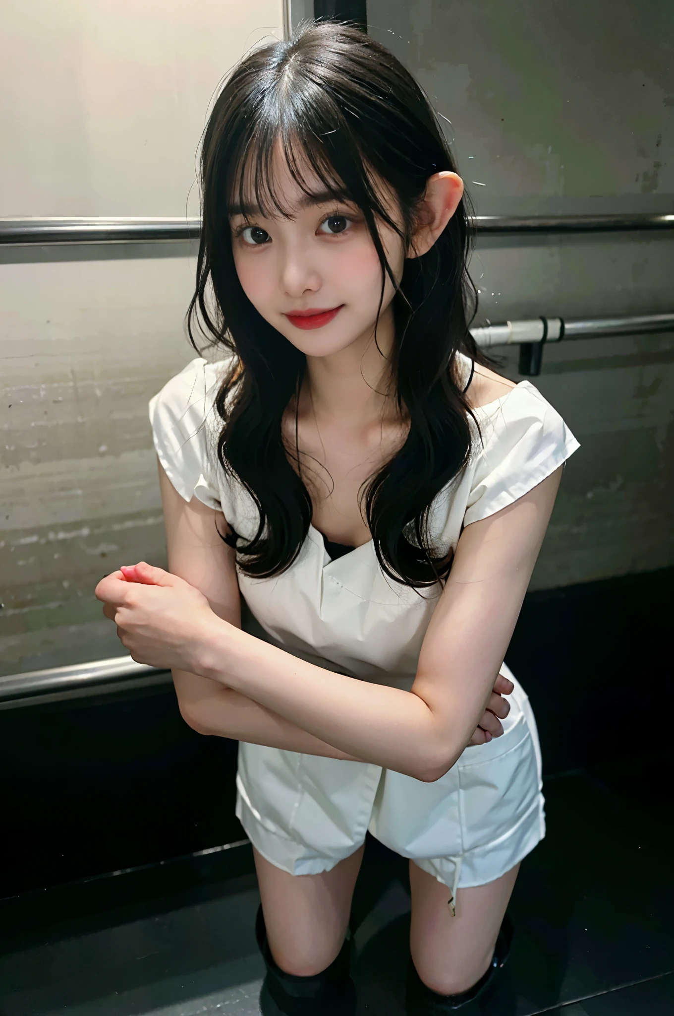 Medical scrub, stethoscope, Ward, shy smile, beautiful nurse, (Full body female love), (Wide-angle lens), (long black hair: 1.4), best quality, on the table, ultra high resolution, (lifelike:1.4), original photo, elf anatomy, Physically based rendering, depth of field, (Short curly hair: 1.6), alone, faint smile, view viewer