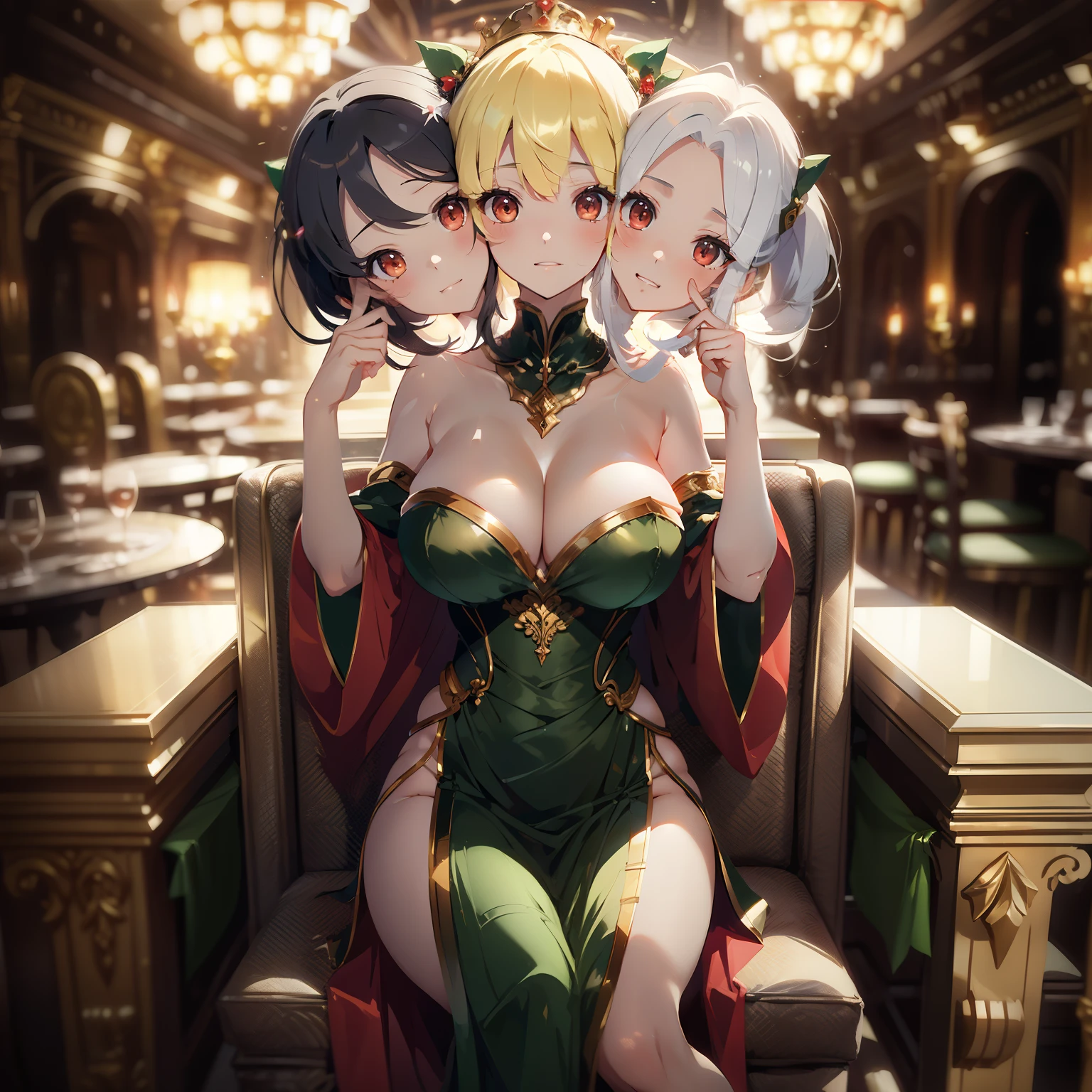 masterpiece),(ultra-detailed), (high quality), (high resolution), (best quality:1.5, highres, UHD), highres, absurdo, ultra detail, ultra quality, Ultra resolution, 16k, ((3heads:1.5)), 1girl, ((anime girl with three heads)), queen, cleavage, crown, light green, red robes, golden jewelry, golden bracelets, sexy silhouette, throne room