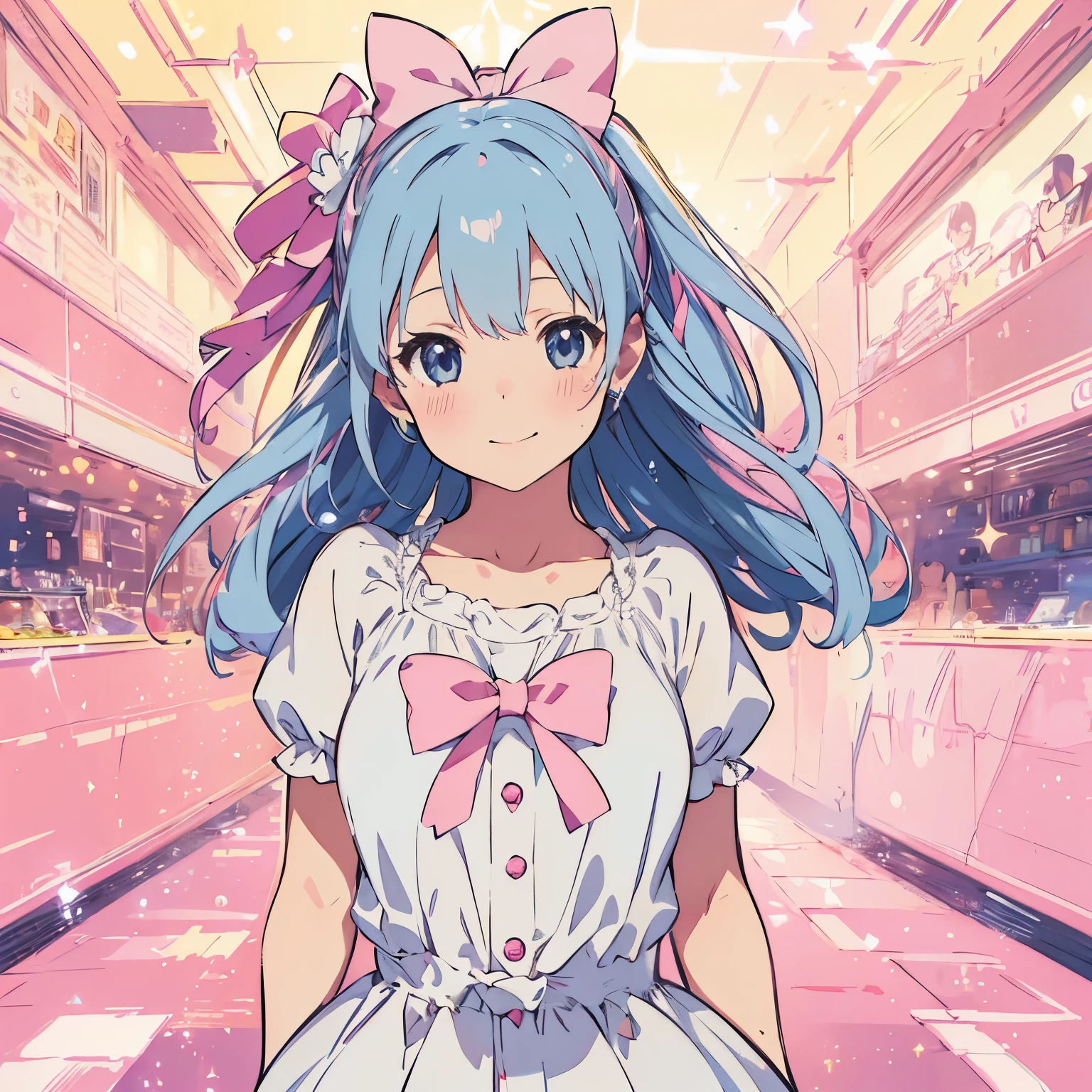 (best quality,4k,8k,highres,masterpiece:1.2),ultra-detailed,(realistic,photorealistic,photo-realistic:1.37),cute anime girl,sparkling eyes,playful smile,pink bow ribbon,adorable outfit,magical background,pastel colors,aesthetic lighting,anime style,soft brushstrokes,light and cheerful atmosphere,dreamy and whimsical scene