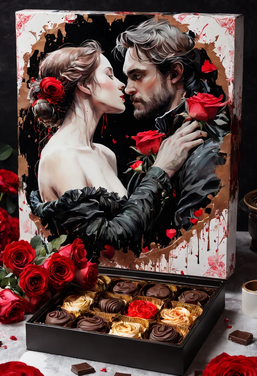 Create an image inspired by the romanticism of great artists, valentine's day, box of chocolate, red roses, intimate, romantic, passion, masterpiece, best quality, 8k, HDR, RGB, oil paints, watercolor, ink,,  by Minjae Lee, Carne Griffiths, Yoann Lossel, Wadim Kashim, Carl Larsson
