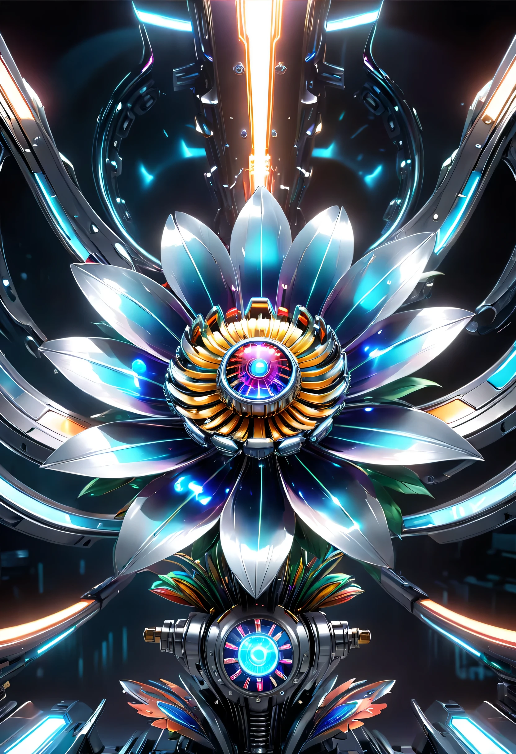 (no one: 1.5), autobot metal flower, (1 metal flower, Amari flowers made of futuristic transparent vibranium: 1.3), vibranium metal flower, colorful neon lights, high tech mechanical parts, metal body, Detailed vibranium flower design, bright colors, Dynamically glowing metal flower, reflective metal surface, environmental lighting, dynamic pose, delicate presence, technological progress, Interlocking mechanical gears, stylish design, motion blur effect, Precise metal machine craftsmanship, sci-fi atmosphere, Streamlined aerodynamic shape, laser scan pattern, holographic projection, led light track, beautiful and unforgettable, advanced sensor, complex algorithm, eerie and mysterious atmosphere, electric spark, shiny chrome, futuristic propulsion system, (highest quality, 8k, High resolution, masterpiece: 1.2), Super detailed, Yu-Gi-Oh