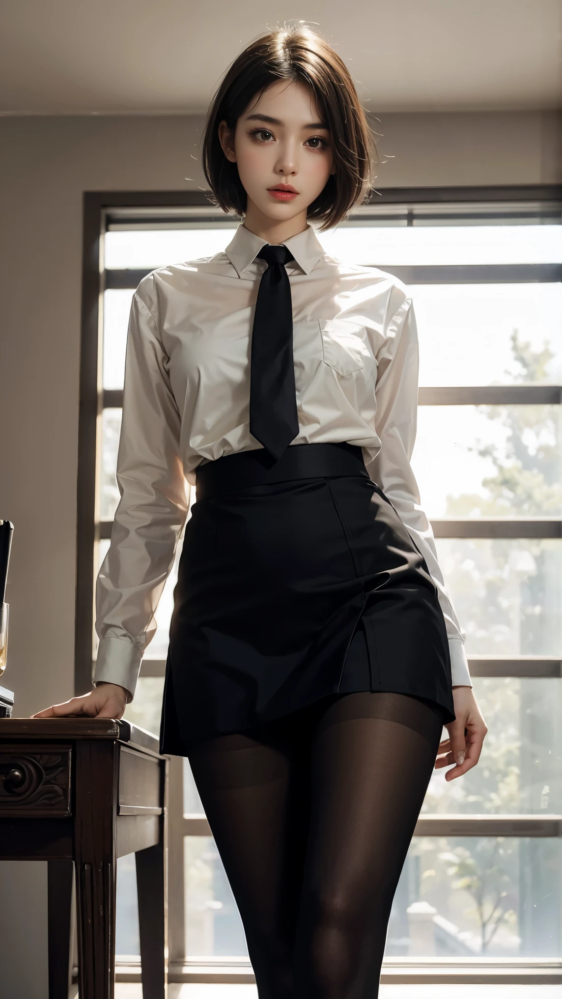 1girl,young girl, shiny skin,big breasts,nice leg line:1.3, thin waist,school uniform, thighhighs,necktie,((pencil skirt)),looking at viewer,from below,full body, ( pantyhose:1.3),(The golden ratio figure),
masterpiece, best quality, best perspective, ultra-detailed and intricate, extremely delicate and beautiful, best quality light, (ray tracing:1.1), anti-aliasing,
realistic,photorealistic,award-winning illustration,(intricate details:1.2),(delicate detailed) (intricate details),(cinematic light,best quality Backlights),clear line,sharp focus,official art,unity 8k wallpaper,absurdres,incredibly absurdres,huge filesize,ultra-detailed,highres,extremely detailed extremely delicate and beautiful,RAW photo, professional lighting,dynamic lighting,light on the face,depthoffield,solofocus,cool beauty,tall woman,black hair,short cut hair,Precisely expresses details such as face and skin texture,beautiful eye,double eyelid,delicate skin,slender body shape,alone,