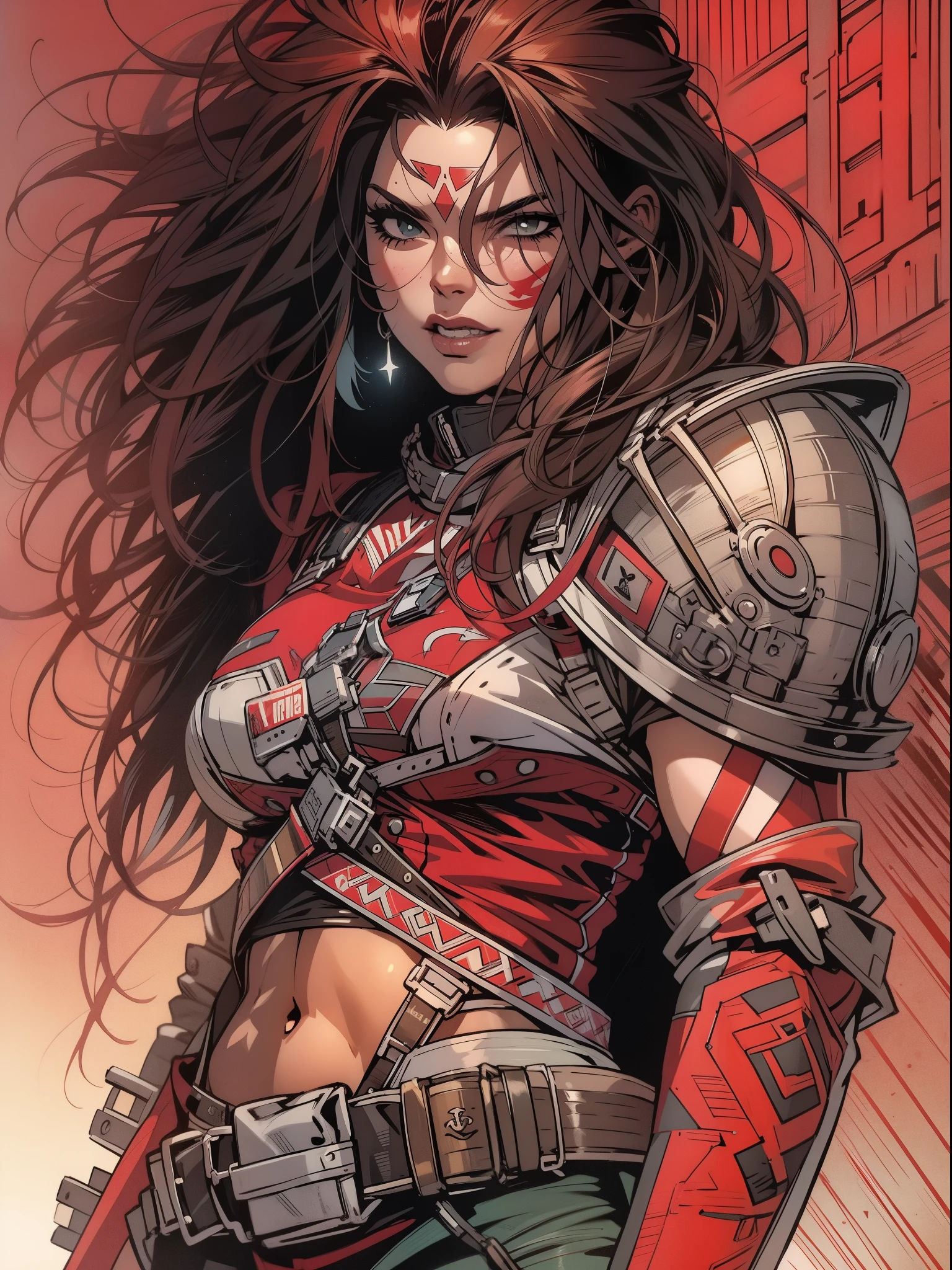 (((mulher))), (((melhor qualidade))), (((obra prima))), (((adulto))), Uma pirata mulher de 35 anos com corpo perfeito, Gladiadores do Brooklyn, (( sob os peitos )), quase nua no estilo selvagem urbano de Simon Bisley para a capa da revista Heavy Metal, cabelo loiro, Minimum clothing, black and red graphics in suit, armadura, cheio de pontas e rebites, tatuagem tribal, (((do joelho pra cima))), cabelo desalinhado