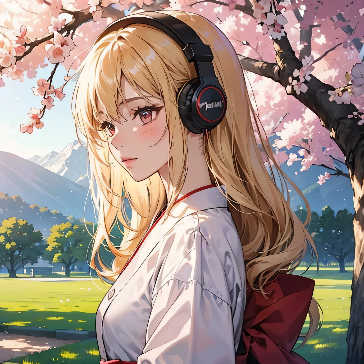 blush、blonde、red eyes、美しい女の子がalone、listen to music、headphones、and soul、alone、kimono、lonely、cherry blossomorning、Phone - car