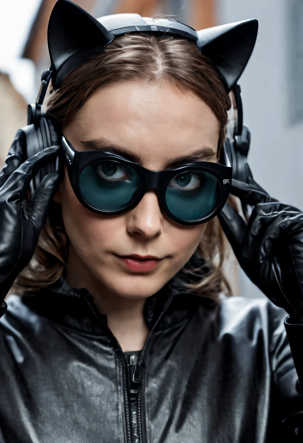 Shot on a Sony PXW-Z190 camera., anthropomorphic cat girl in a black leather coat and black glasses in a pose, ready for action, spy headset, Spy, spy cat, maximum realism, cinematic treatment, A high resolution, High detail, blurred background, focus on anthropomorphic cat girl