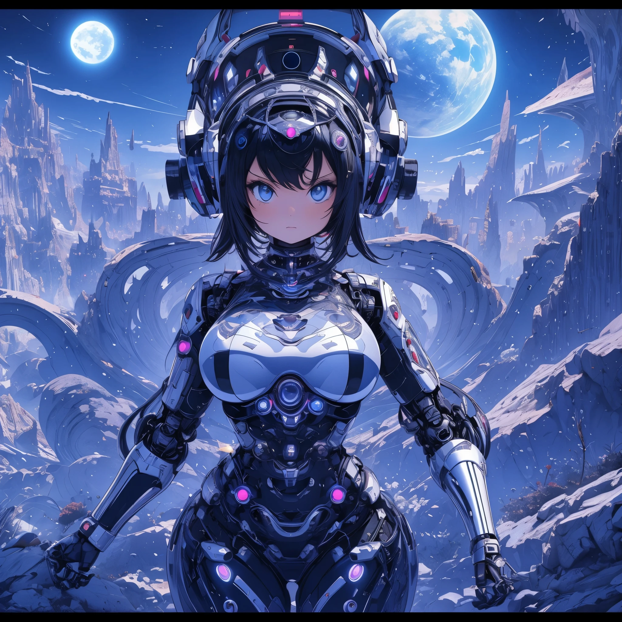 A curvy chrome robot woman on a fractal landscape, zoomed out. Mandelbrot set in the sky