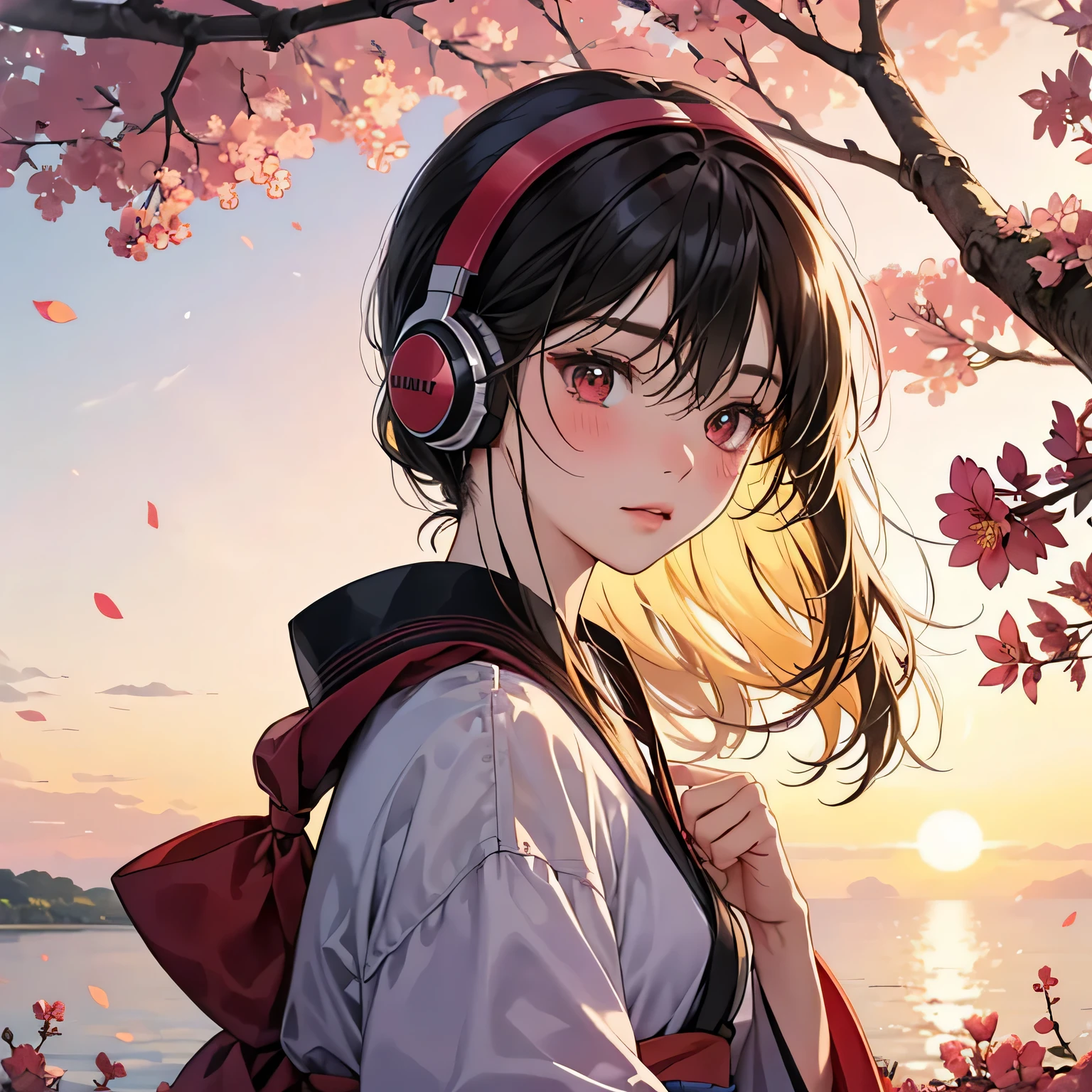 blush、blonde、red eyes、美しい女の子がalone、listen to music、headphones、black hair、and soul、alone、kimono、lonely、cherry blossomorning、Phone - car