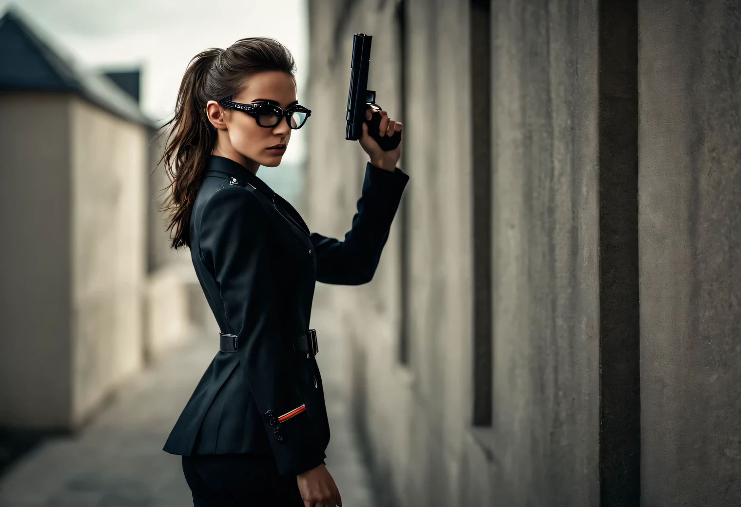 Фотография сделана Sony a7R V FE 70-200mm f./2.8 US Grandmasters II, a young European secret agent girl runs down the street towards the viewer, brunette, Thin and strong, athletic build, Very beautiful, with secret agent talking headset, armed with a pistol, looks worried and tired, dressed like a secret agent, secret agent in a high-tech suit, full length, full pose, cinematic treatment, cinematic lighting, High resolution 32K, A high resolution, Photorealistic