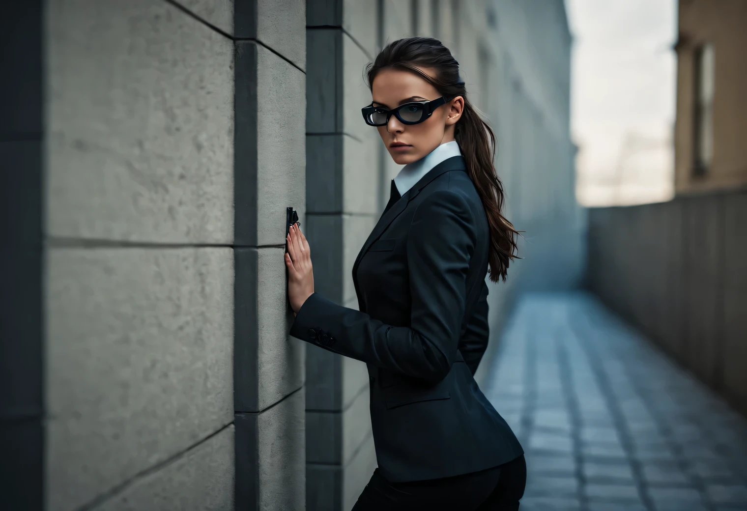 Фотография сделана Sony a7R V FE 70-200mm f./2.8 US Grandmasters II, young European girl secret agent pressed her back against the wall of the building and looks around the corner, brunette, slim and strong, athletic build, Very beautiful, wearing secret agent dark glasses with fluorescent inscriptions, armed, looks alert and attentive, dressed like a secret agent, full length, full pose, cinematic treatment, cinematic lighting, High resolution 32K, A high resolution, Photorealistic