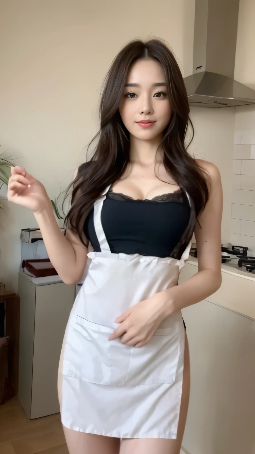 ((top-quality、8k、​masterpiece:1.3))、Beautiful woman with perfect body:1.4、slim abdomen:1.2、Longhair, normal breast, Highly detailed facial and skin texture, A detailed eye, delicate eyes, double eyelid, (smile), (full body shot), ((kitchen)), (standing), (((wearing apron)), looking in front
