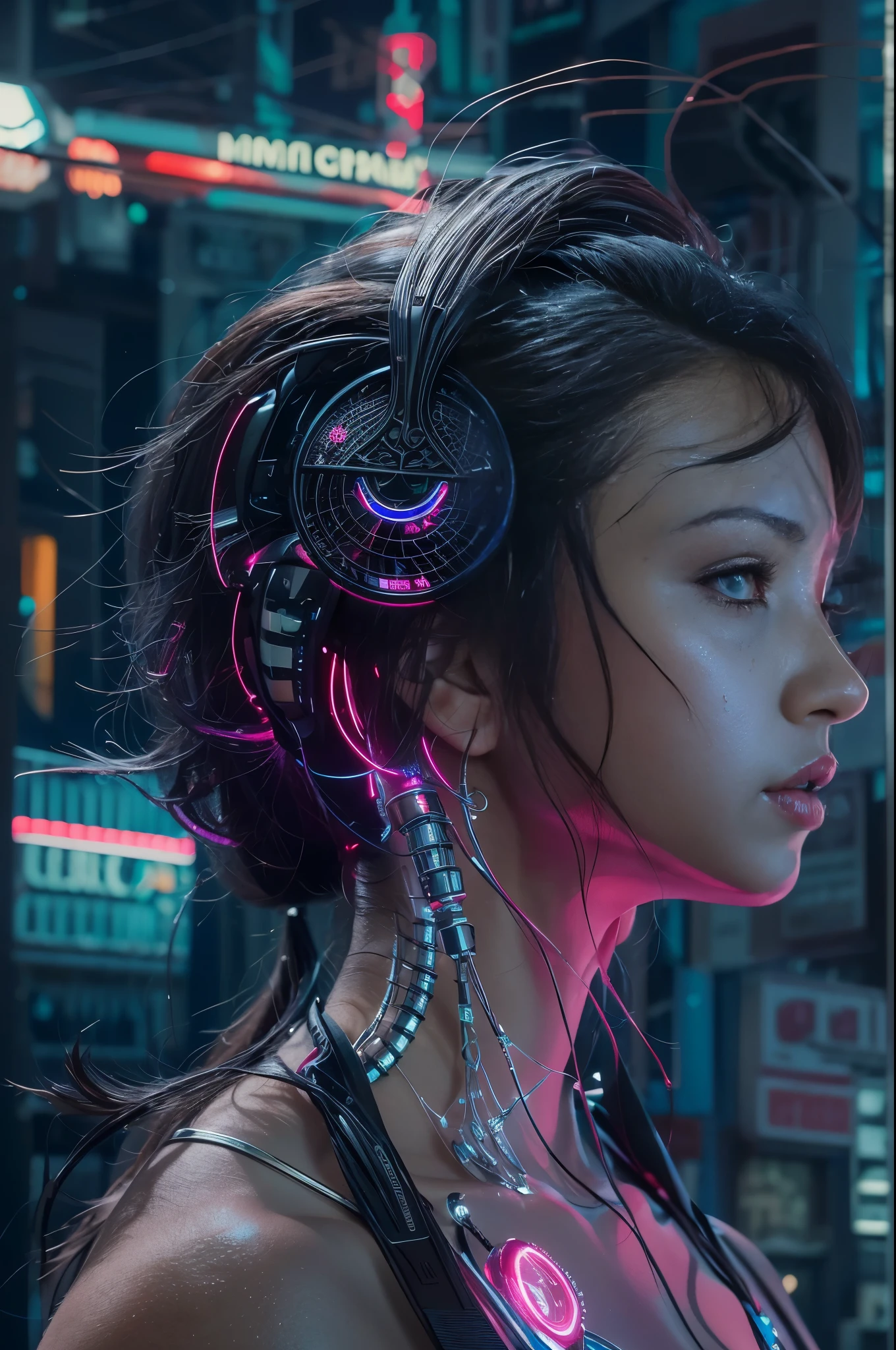 top quality, masterpiece, ultra high resolution, ((lifelike: 1.4), original photo, 1 cyberpunk girl, black hair, 肌肤焕发Light彩, 1 Mechanical Girl, (Surreal detailed)), Light, Deep shadows, octane rendering, 8k, super sharp, Metal, intricate decorative details, Egypt details, very intricate details, realistic Light, CG trends, face camera, Neon details, mechanical limbs, blood vessels connected to tubes, Mechanical vertebrae attached to the back, Cervical spine mechanical fixation in the neck, Wires and cables connected to the head, Evangelion, Luminous small Light, (Dazzling cyberpunk city streets in the background).(original photo:1.2)，camel toe，Hollow out，Legs sweat，， Light滑的粉红色皮肤, shiny Metallic glossy skin, Shiny，spread legs，angry expression，glum，angered， whole body，whole body像