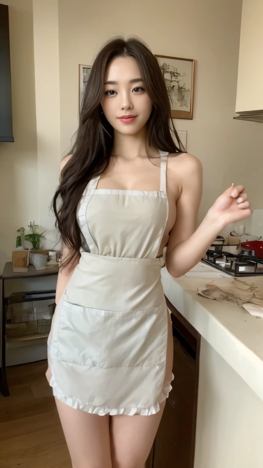 ((top-quality、8k、​masterpiece:1.3))、Beautiful woman with perfect body:1.4、slim abdomen:1.2、Longhair, normal breast, Highly detailed facial and skin texture, A detailed eye, delicate eyes, double eyelid, (smile), (full body shot), ((kitchen)), (standing), (((wearing apron)), looking in front