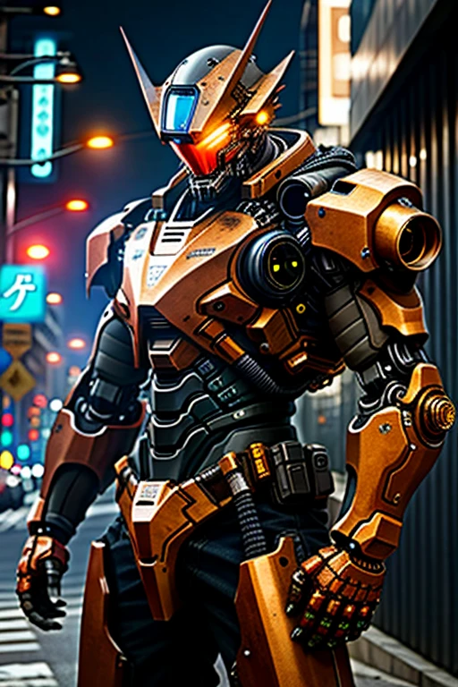 Alpha male portrait photo, perfect eyes, Wearing a worn out mecha suit, ((Clear bokeh)), complex, (steel metal [rust]), elegant, sharp focus, Photo by Greg Rutkoski, soft light, bright colors, masterpiece , ((street)), cowboy shooting, dynamic poses, Battle worn red armor with yellow light, Helmet with techno cyberpunk black visor, Night in a futuristic city full of neon lights.