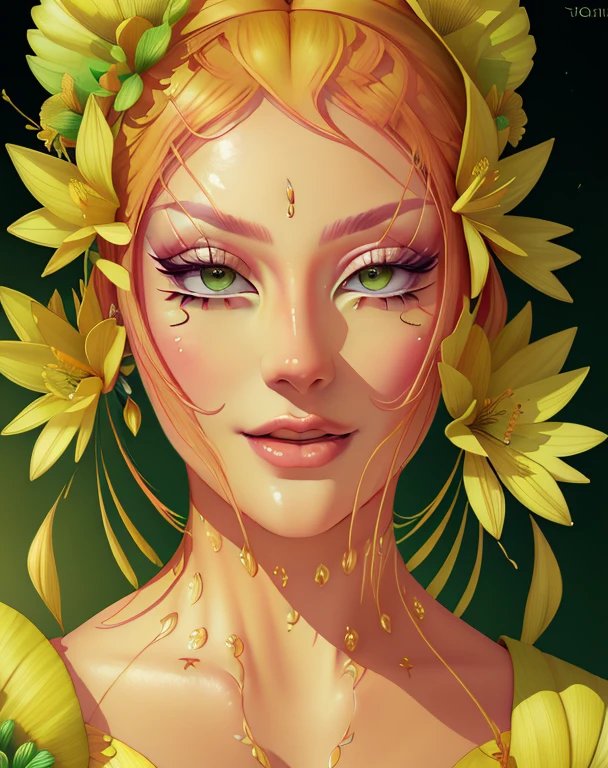 (best quality,4k,8k,highres,masterpiece:1.2),ultra-detailed,(realistic,photorealistic,photo-realistic:1.37), alien feminine face,smiling,detailed flower hair accessories,detailed gold necklaces,upper body,garden field background,detailed flowers in the background,green eyes, blossom flower field