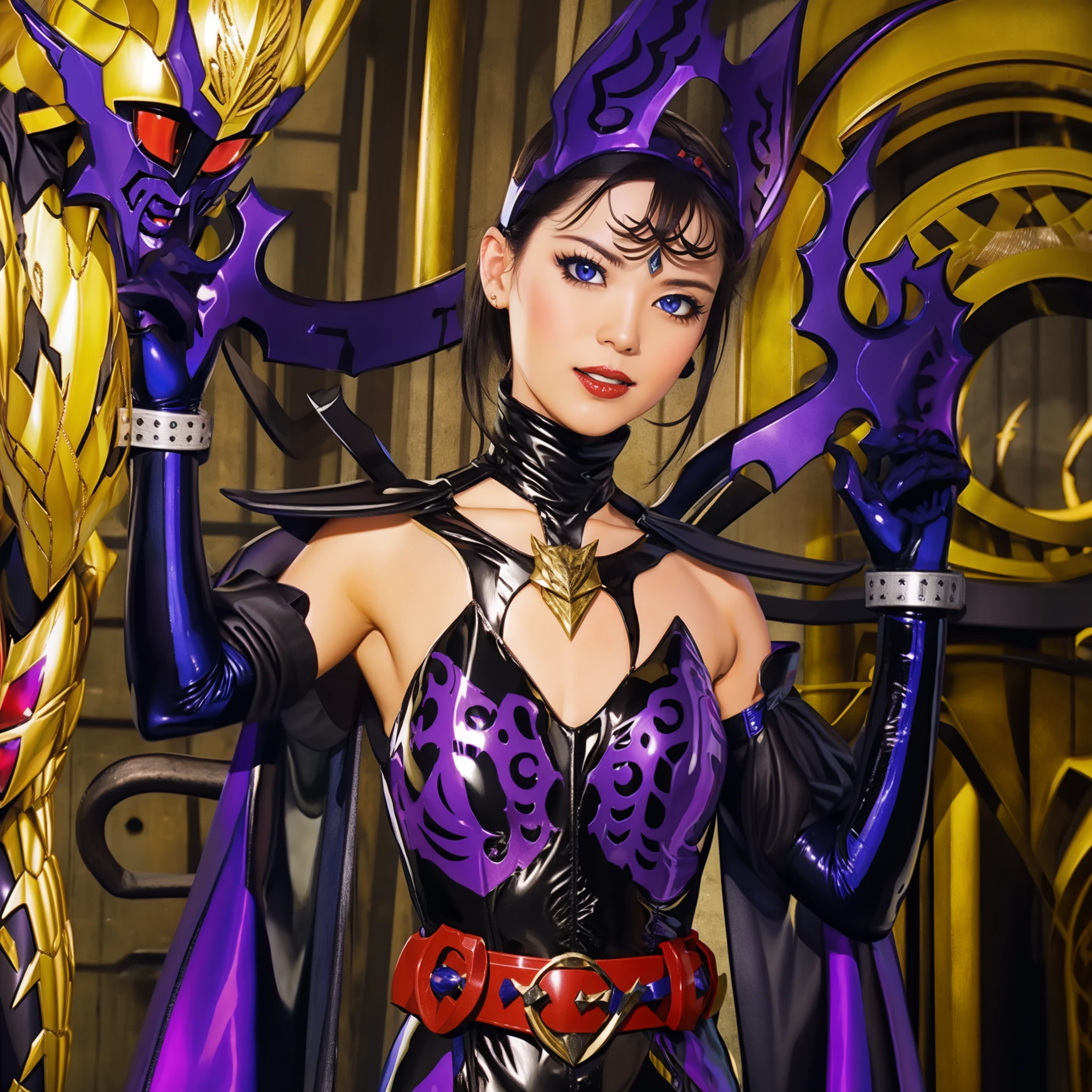 (a helmet with a scorpion motif), (woman:1.1), (black latex suit:1.1), (striking decoration:1.1), chain, sickle, (alchemy style equipment:1.1), (purple image color:1.1)