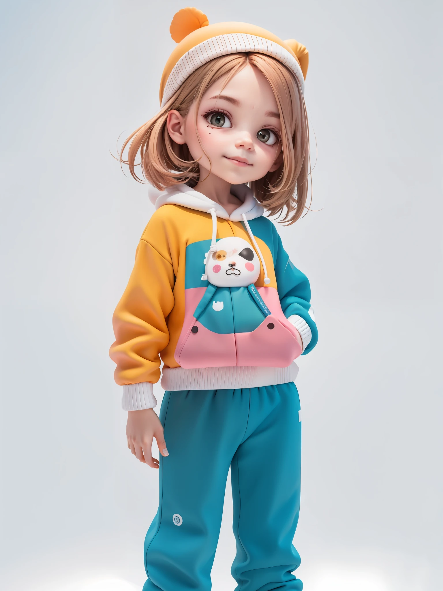 (obra-prima), (melhor qualidade), (ultra-detalhado), (corpo inteiro: 1.2) baby menina negra bonita e fofa, capuz, moletom colorido, Knitted jumpsuits, Pants, jaqueta, blusa, sorriso claro, corpo inteiro, :3, fundo tom pastel , colorido e simples.
