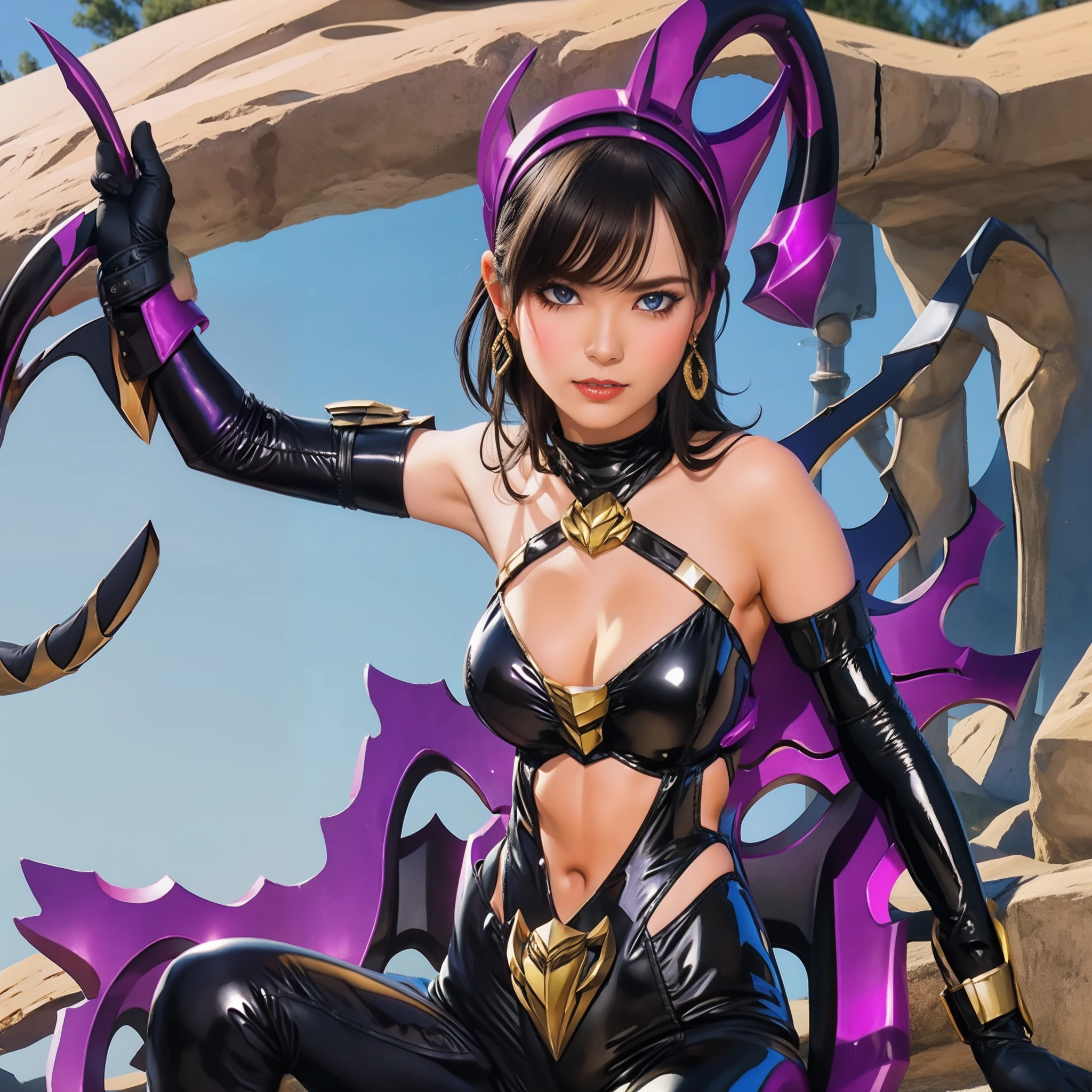 (a helmet with a scorpion motif), (woman:1.1), (black latex suit:1.1), (striking decoration:1.1), chain, sickle, (alchemy style equipment:1.1), (purple image color:1.1)