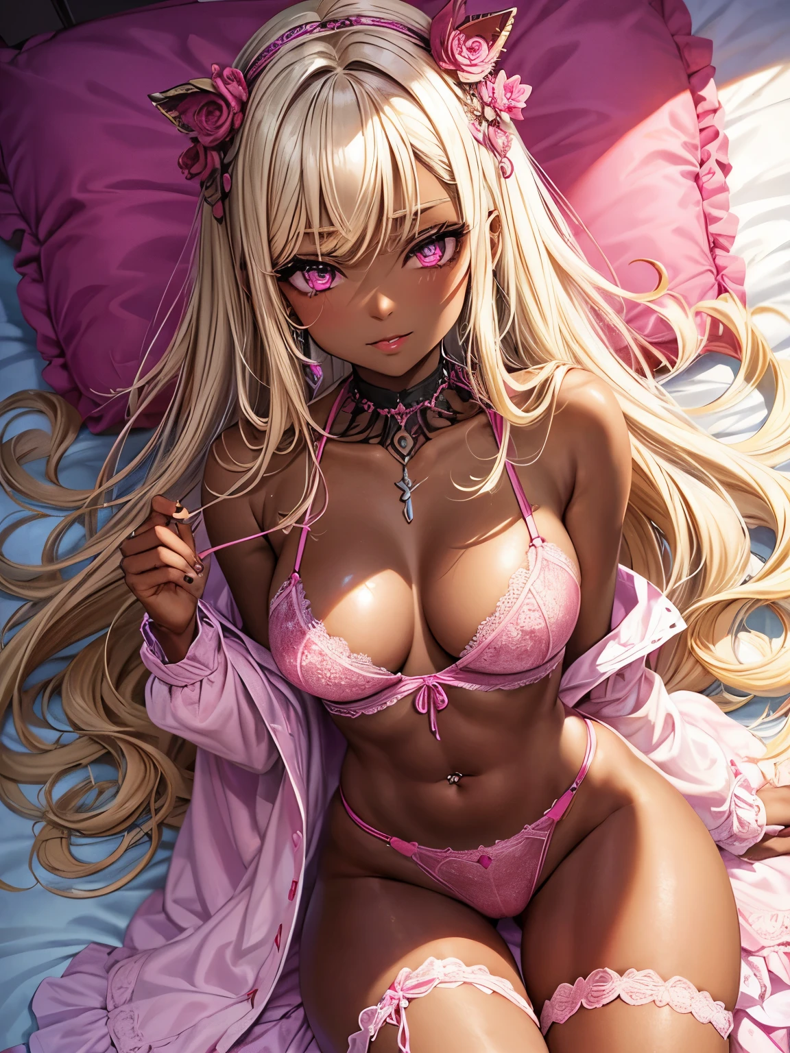 dark-skinned female+++++, detailed eyes, sparkling eyes, close-up , pink eyes, full lips, +thick lips, big breasts, blonde hair, pink highlights, piercing,,long hair, flat stomach, long eyelashes, lipgloss, smirk ,looking at viewer , HD++ , from above , septum piercing++, pink lingerie, pink lace , thong++ cleavage ,nipple slip, pink bedroom,+++ ,lace leg wear , on knees++ darkskin++