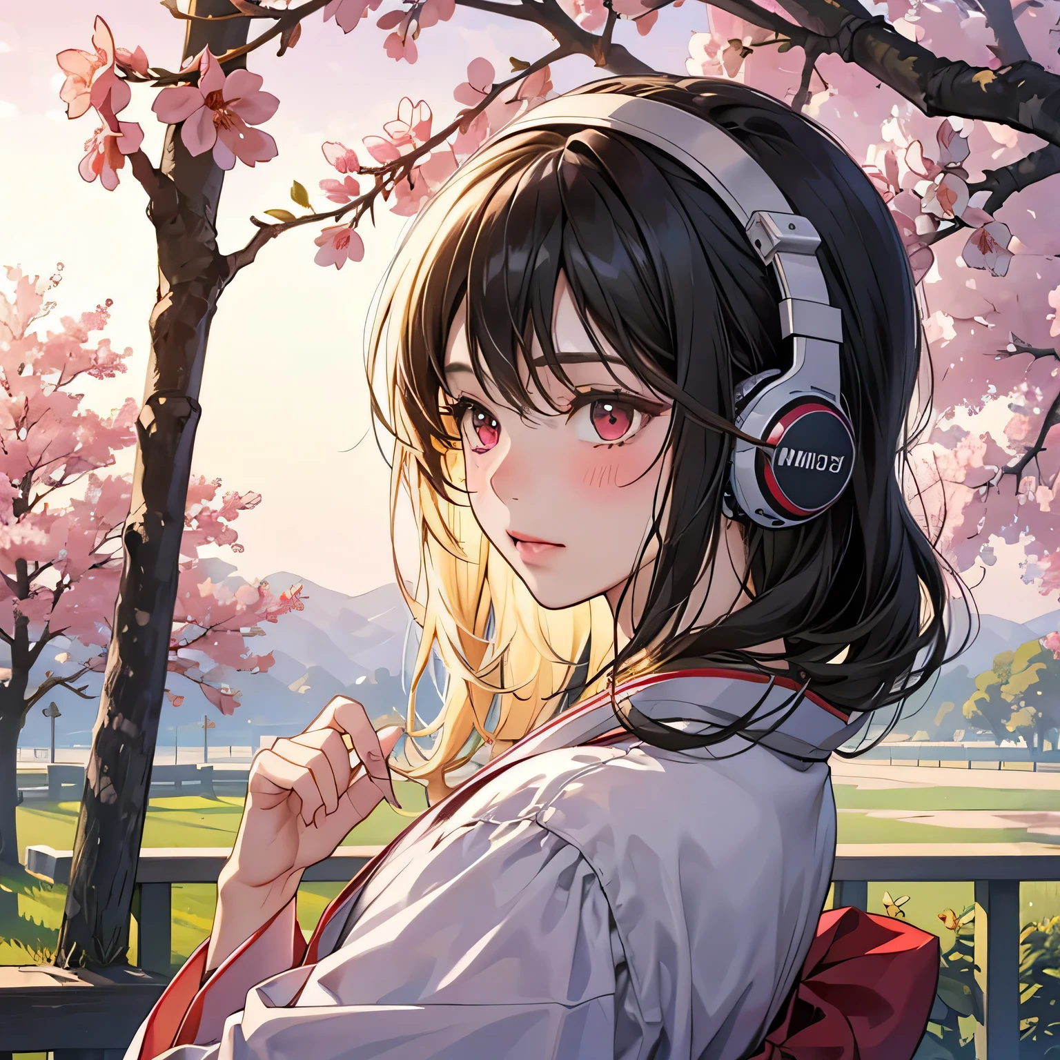 blush、blonde、red eyes、美しい女の子がalone、listen to music、headphones、black hair、and soul、alone、kimono、lonely、cherry blossomorning、Phone - car